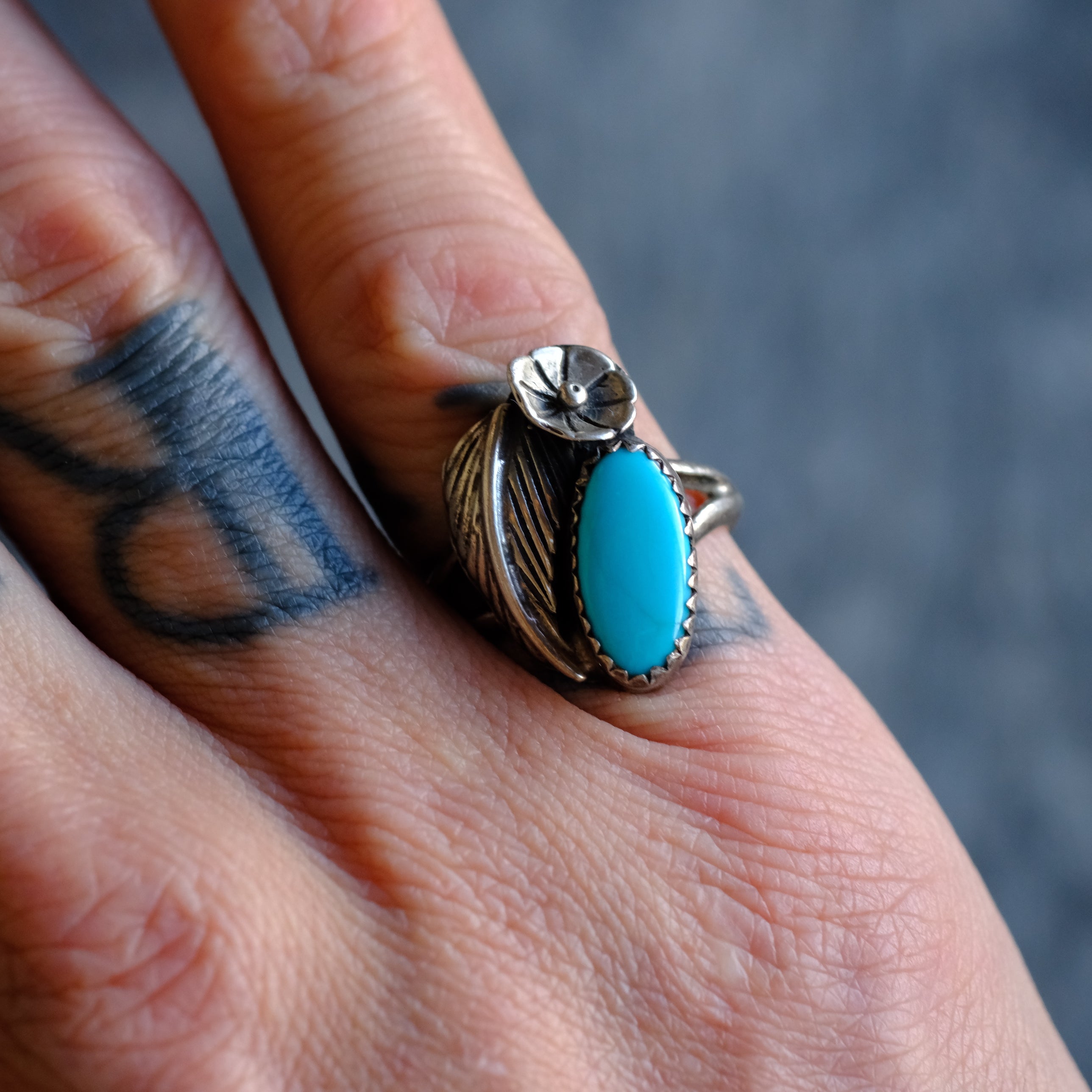 Vintage Sterling Turquoise Feather Ring 6.25