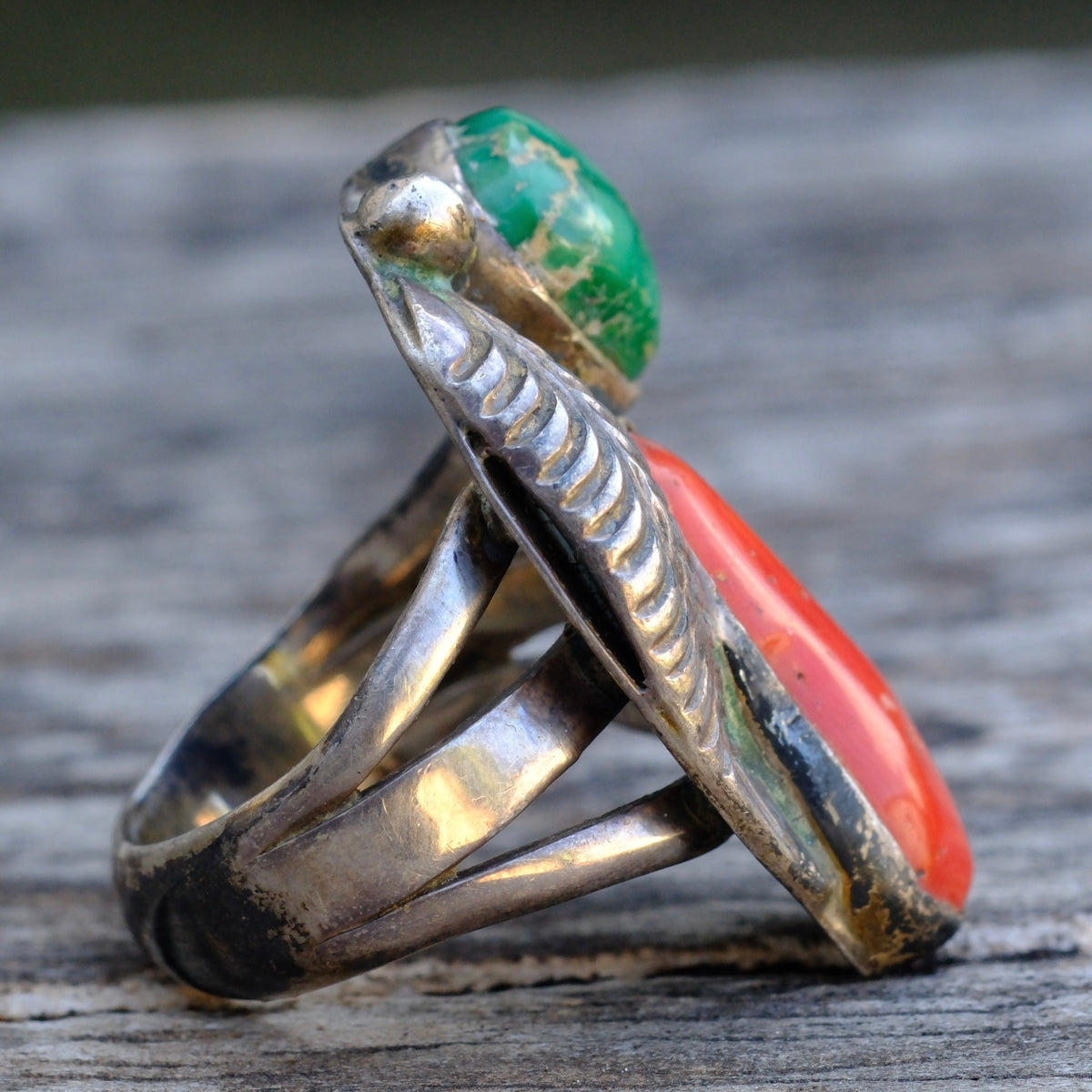 Vintage Sterling Turquoise and Coral Feather Ring 5.5