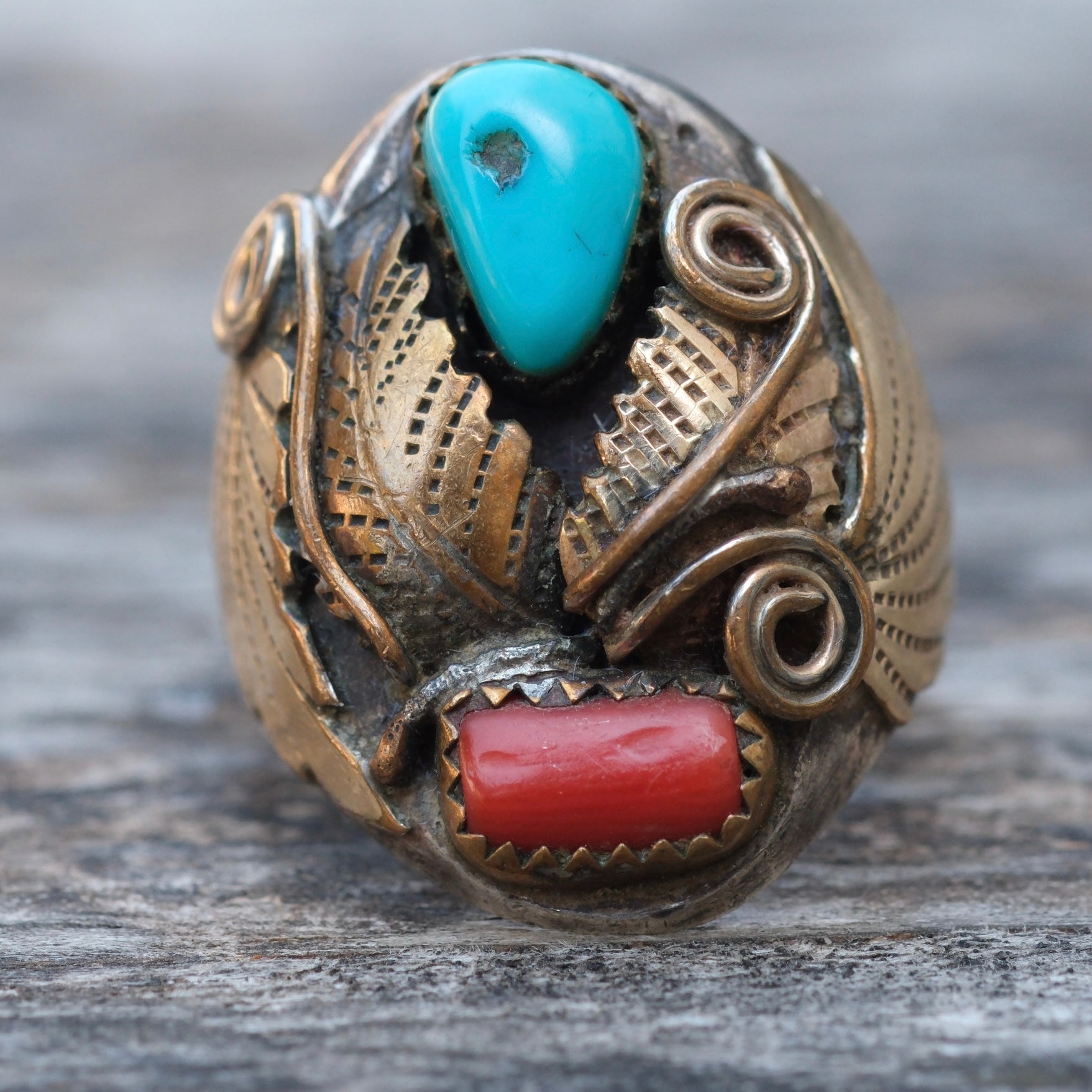Vintage Sterling And Copper Turquoise Coral Feather Ring 10.5