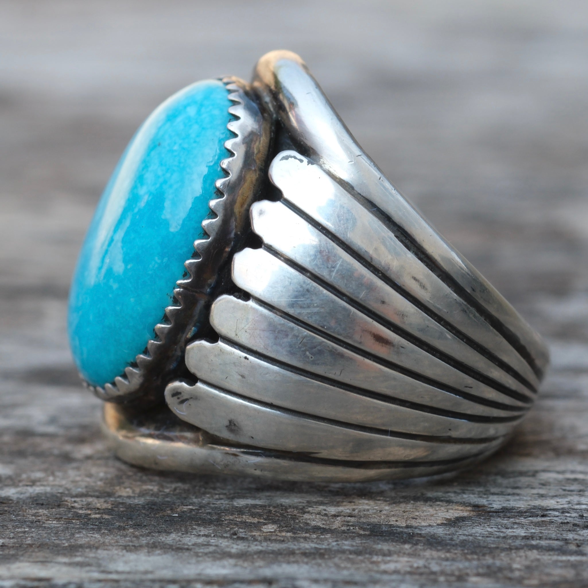 Vintage Sterling Turquoise Ribbed Band Ring 9.5