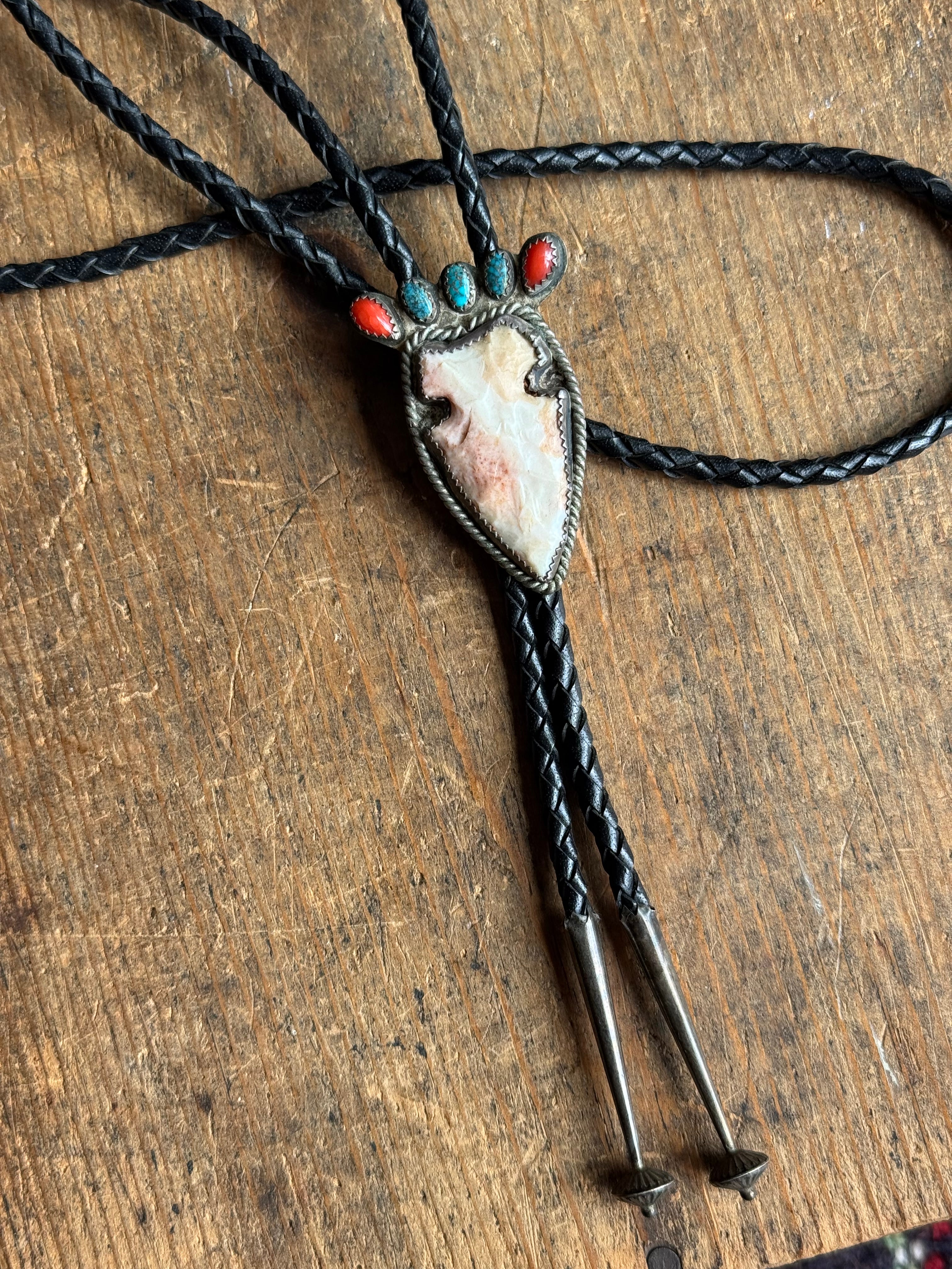 Vintage Sterling Silver Turquoise & Coral Arrowhead Bolo