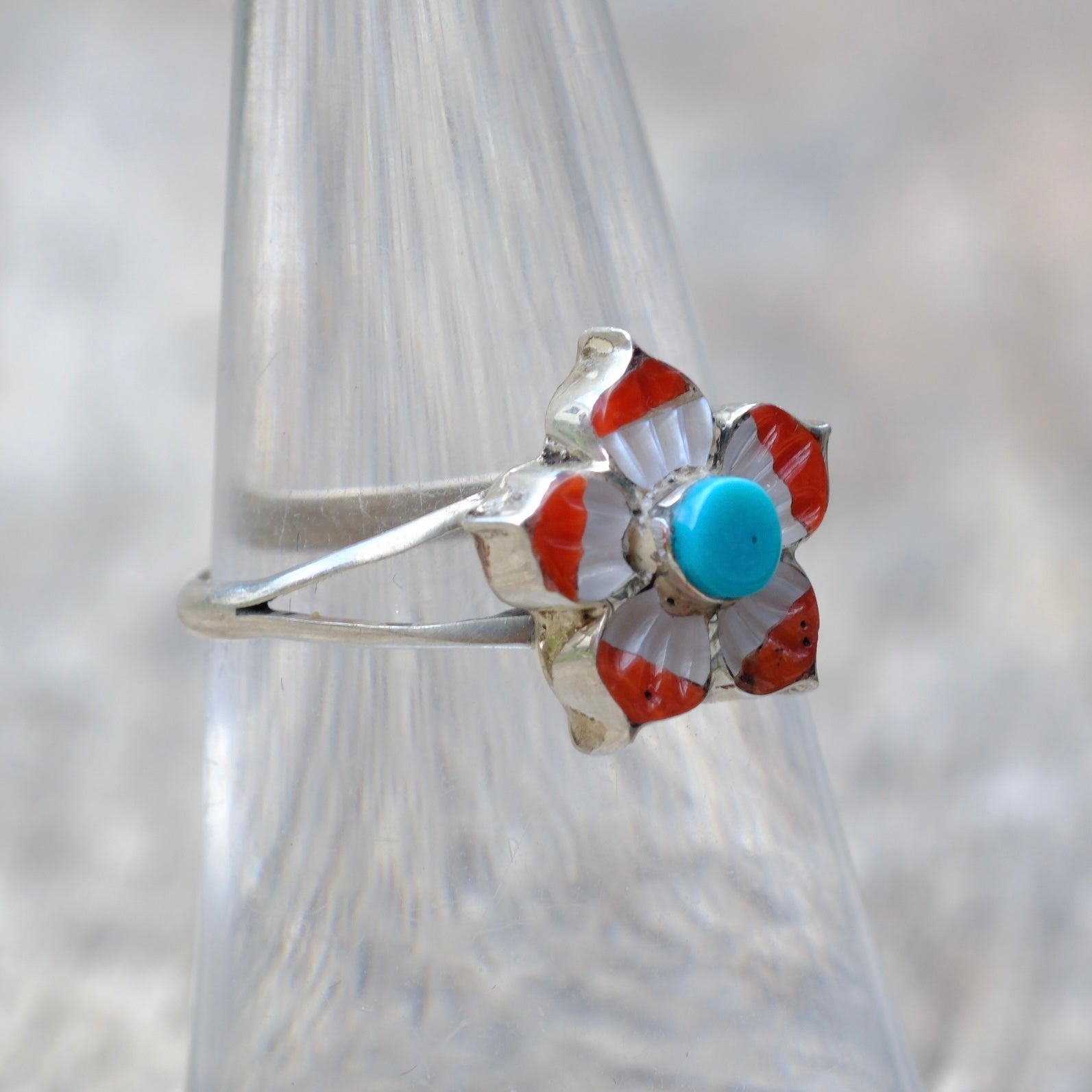 Vintage Sterling Silver Multistone Inlay Flower Ring 6.75