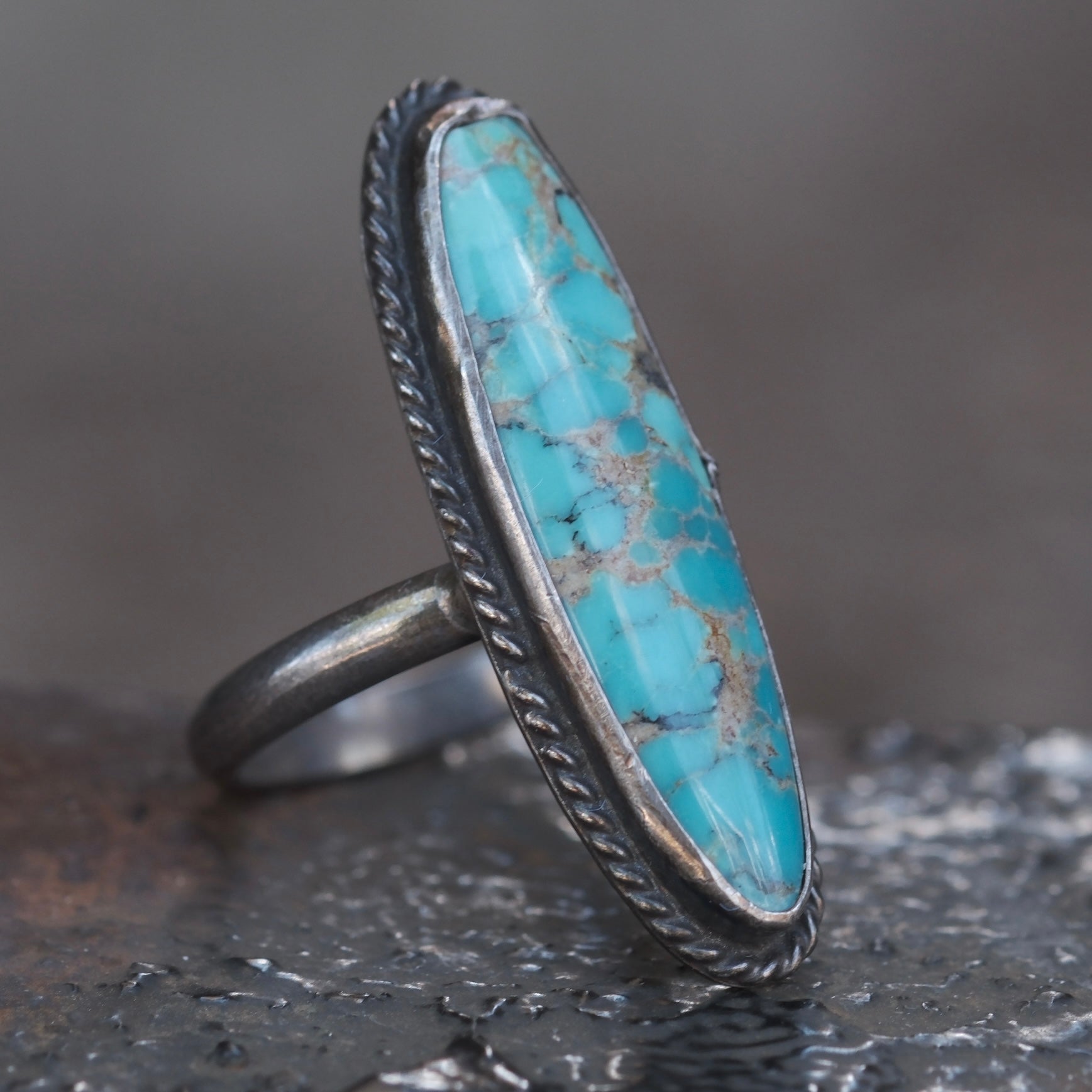 Vintage Sterling Turquoise Roper Ring 5.25