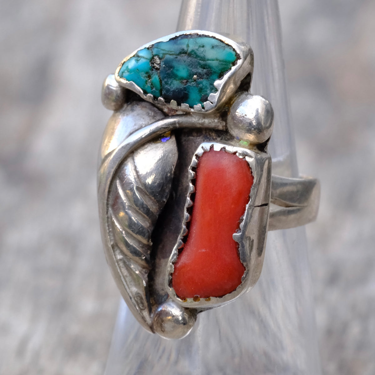 Vintage Sterling Turquoise and Coral Feather Ring 5