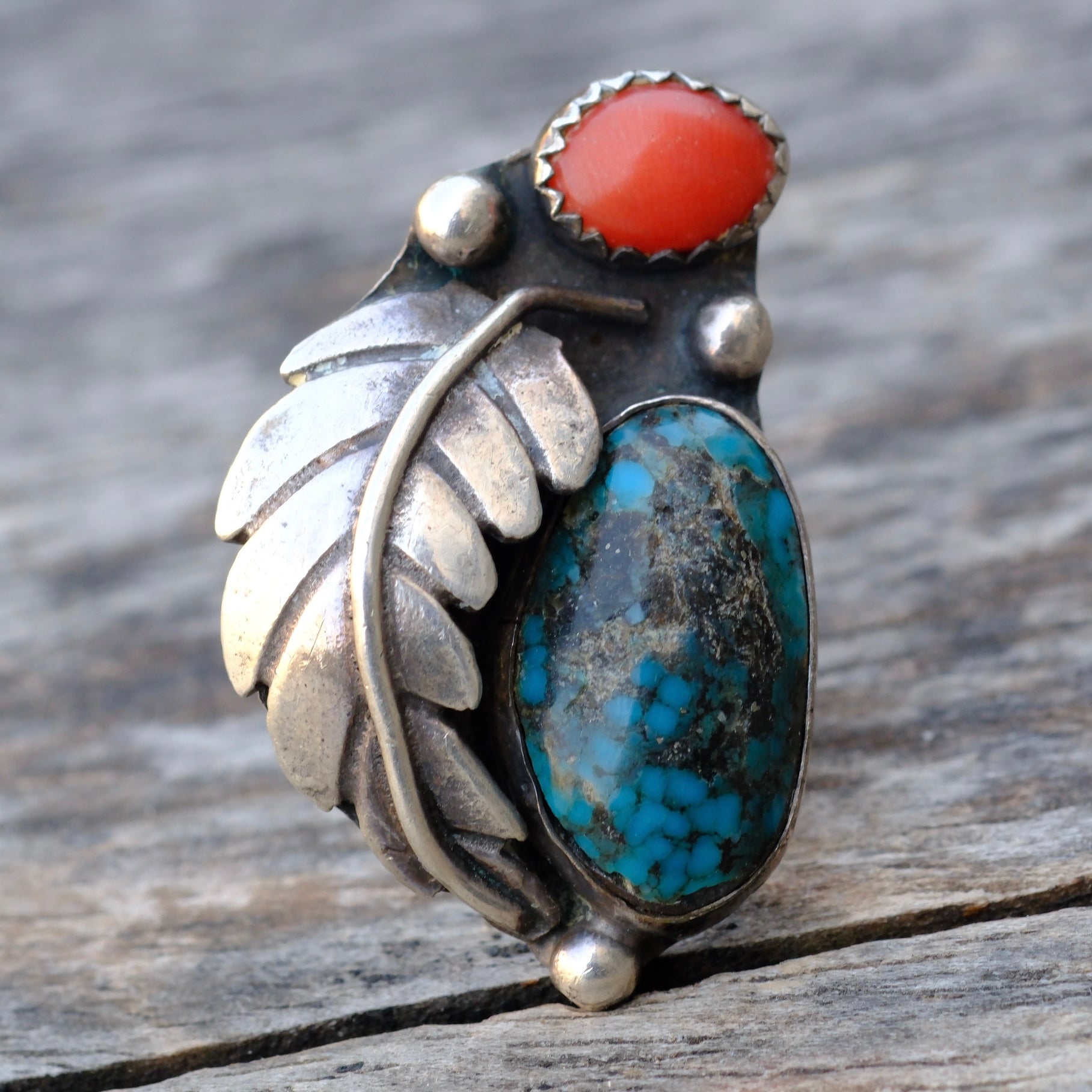 Vintage Sterling Turquoise and Coral Feather Ring 5.5