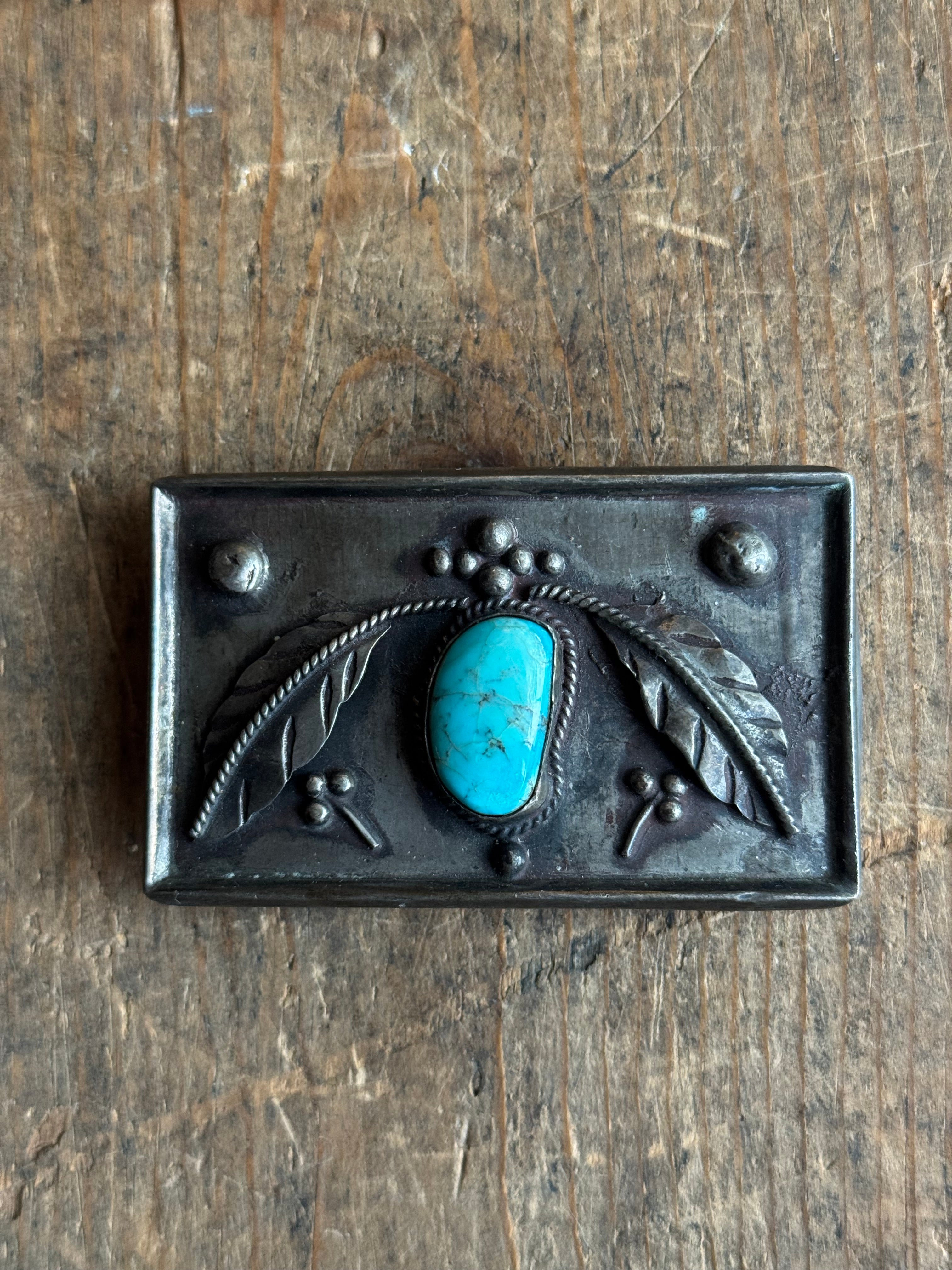 Vintage Sterling Silver Turquoise Leaf Belt Buckle