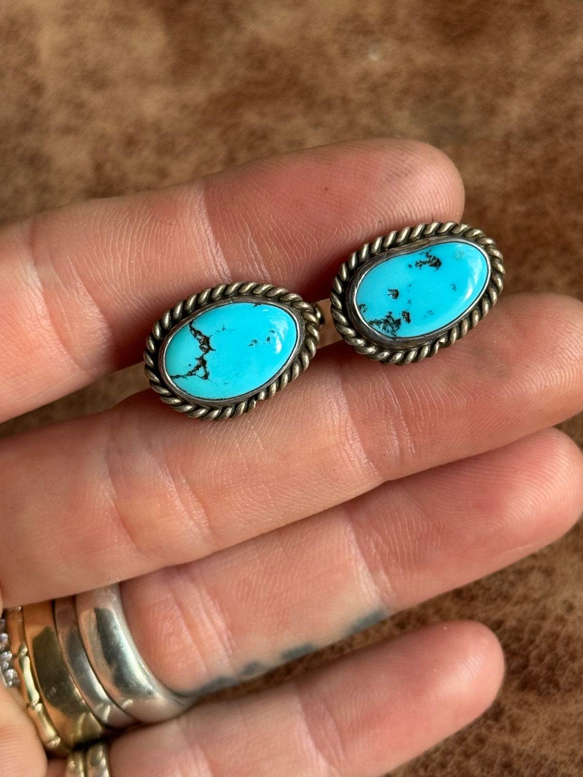 Vintage Sterling Silver Roped Turquoise Cufflinks