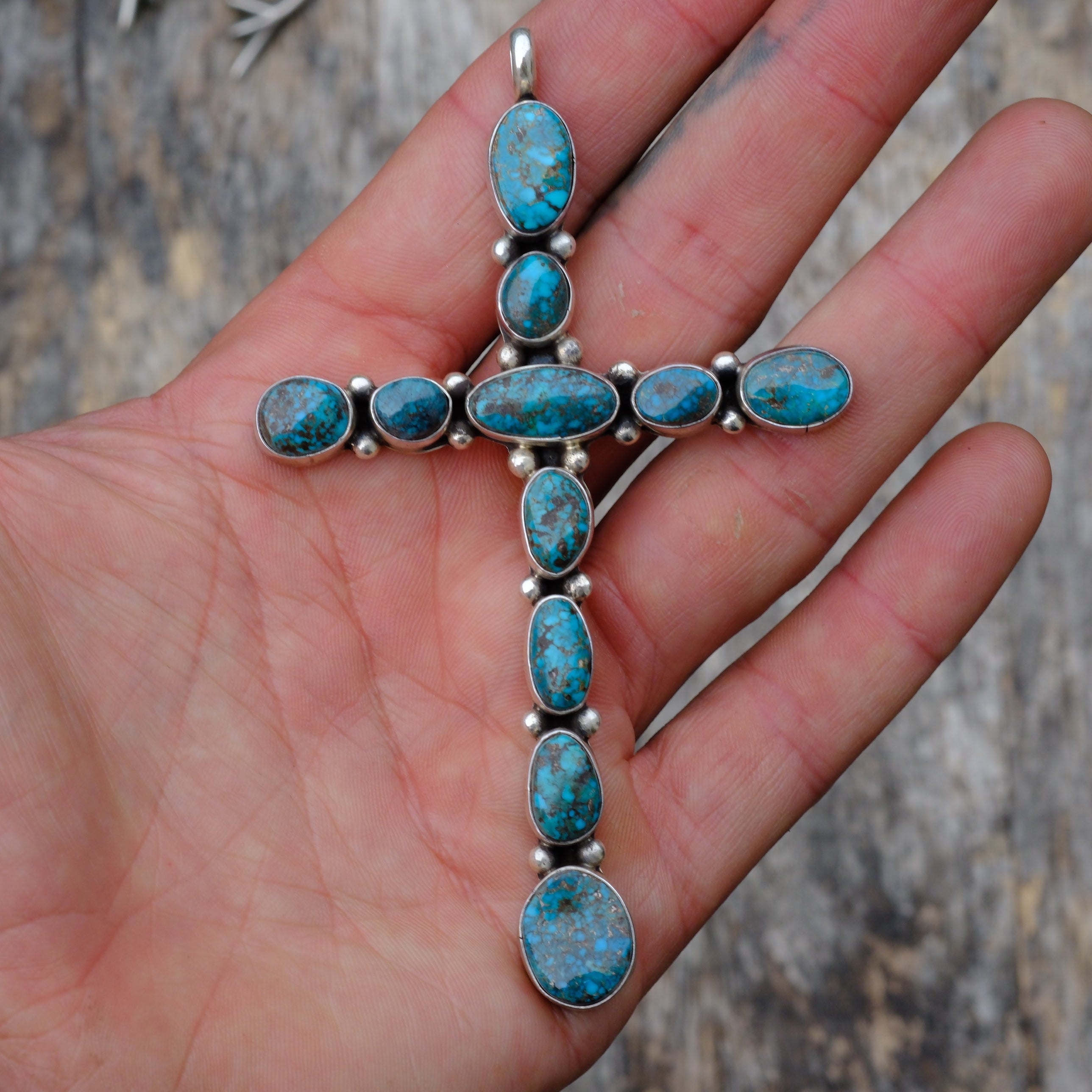 HUGE Vintage Sterling Turquoise Cluster Cross Pendant