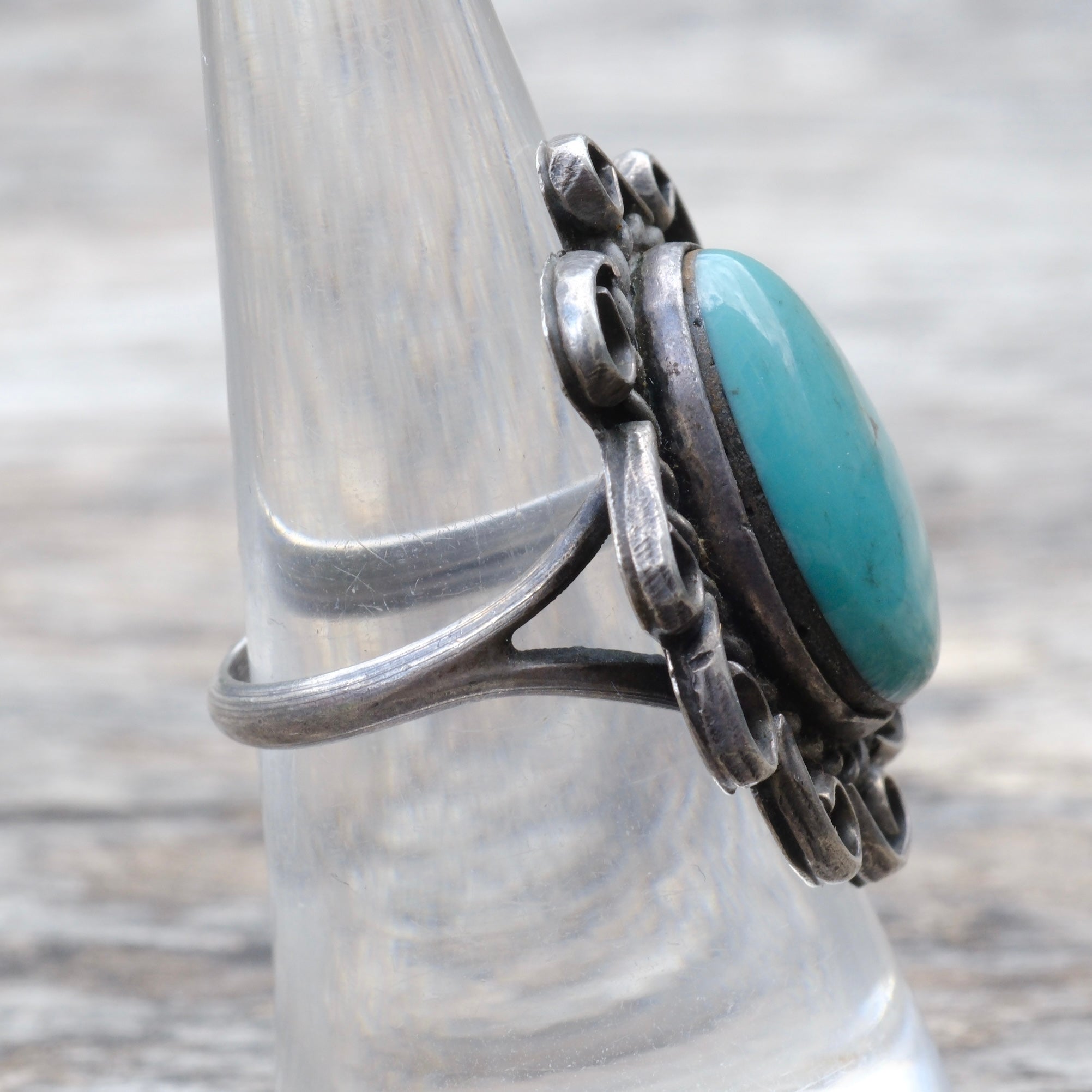 Vintage Sterling Turquoise Florette Ring 7.5