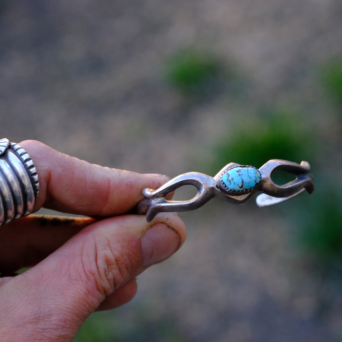 Vintage Sterling Turquoise Sand Cast Cuff Bracelet
