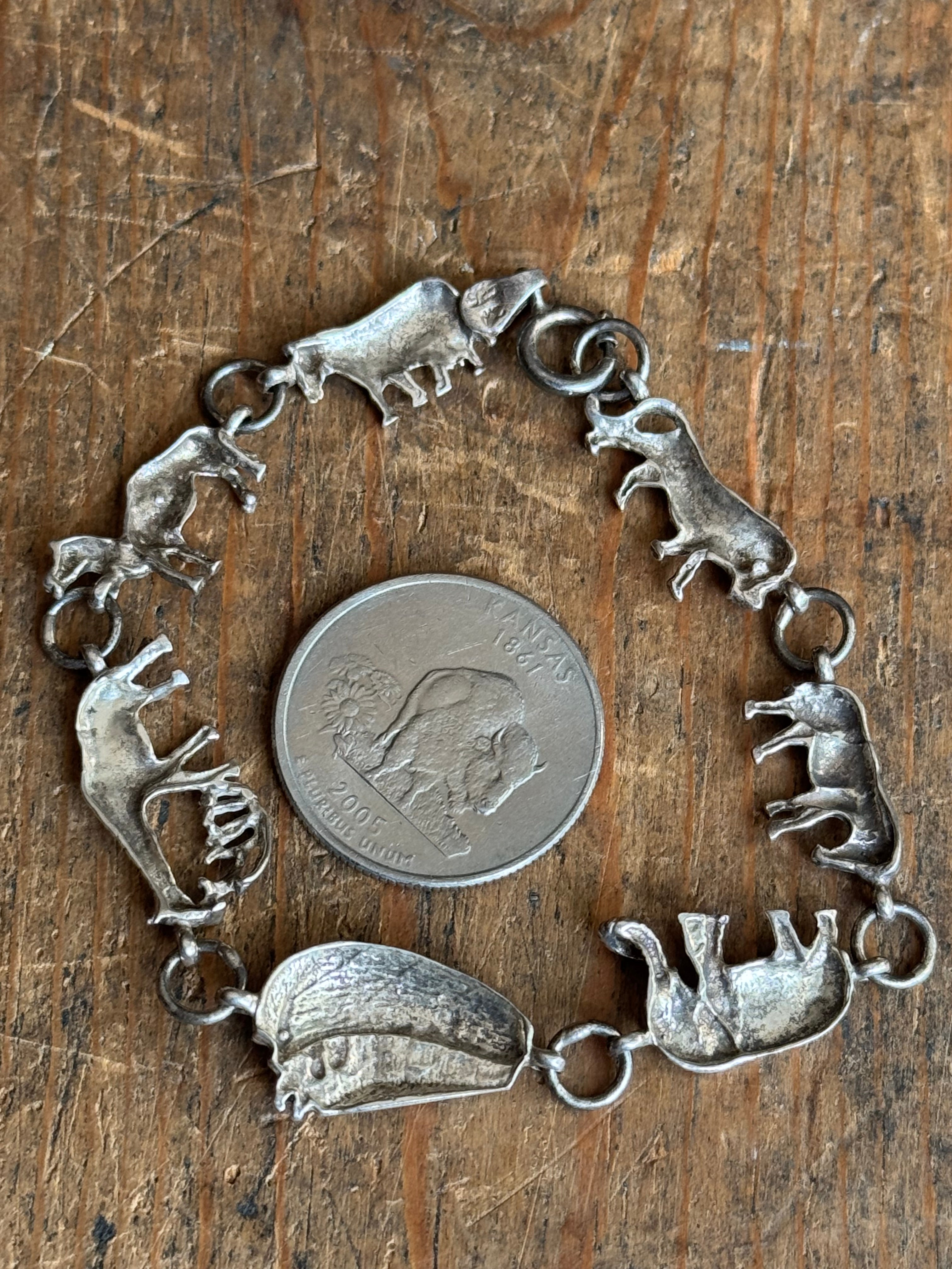 Vintage Sterling Silver 7.5” Noah’s Ark Animal Link Bracelet