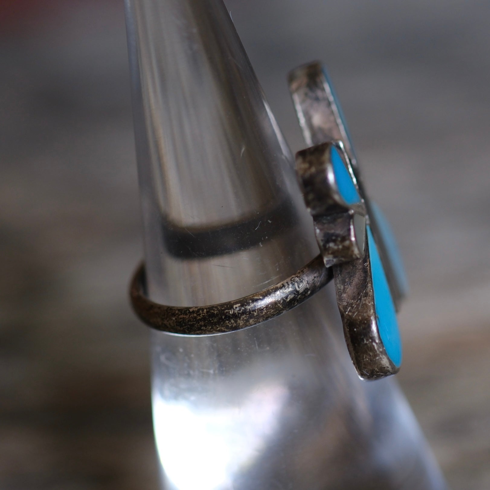 Vintage Sterling Turquoise MOP and Onyx Inlay Butterfly Ring 5