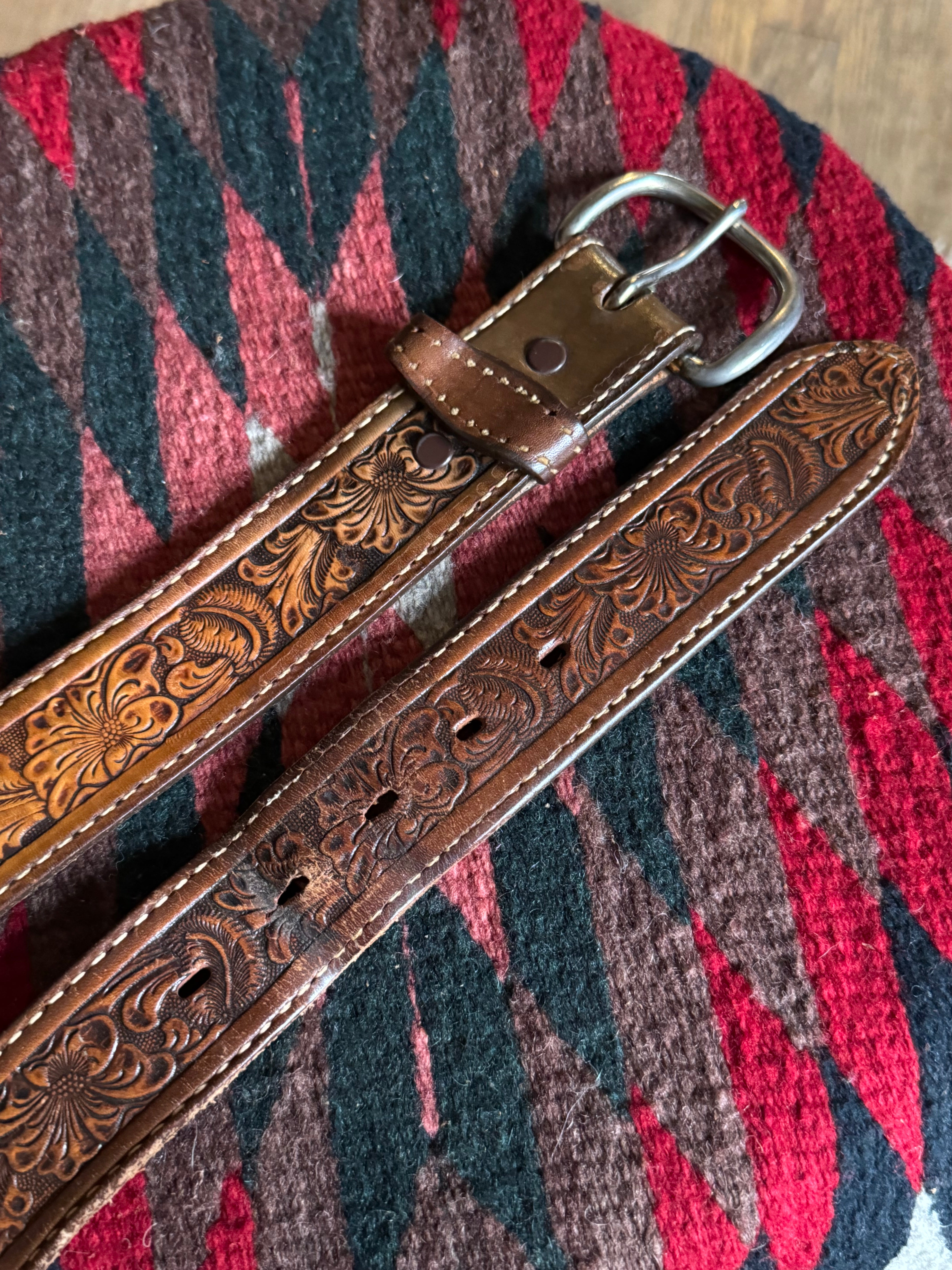 Vintage Hand Floral Tooled Brown Leather ‘JIM’ Belt