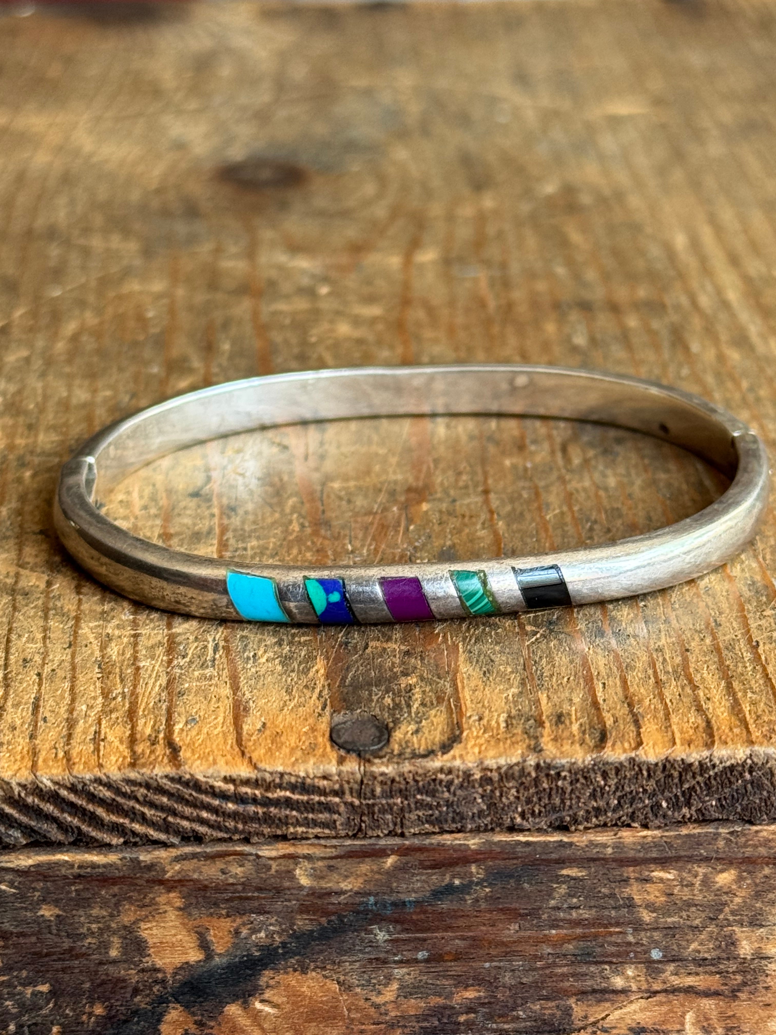 Vintage Sterling Silver Multistone Inlay Latch Bracelet