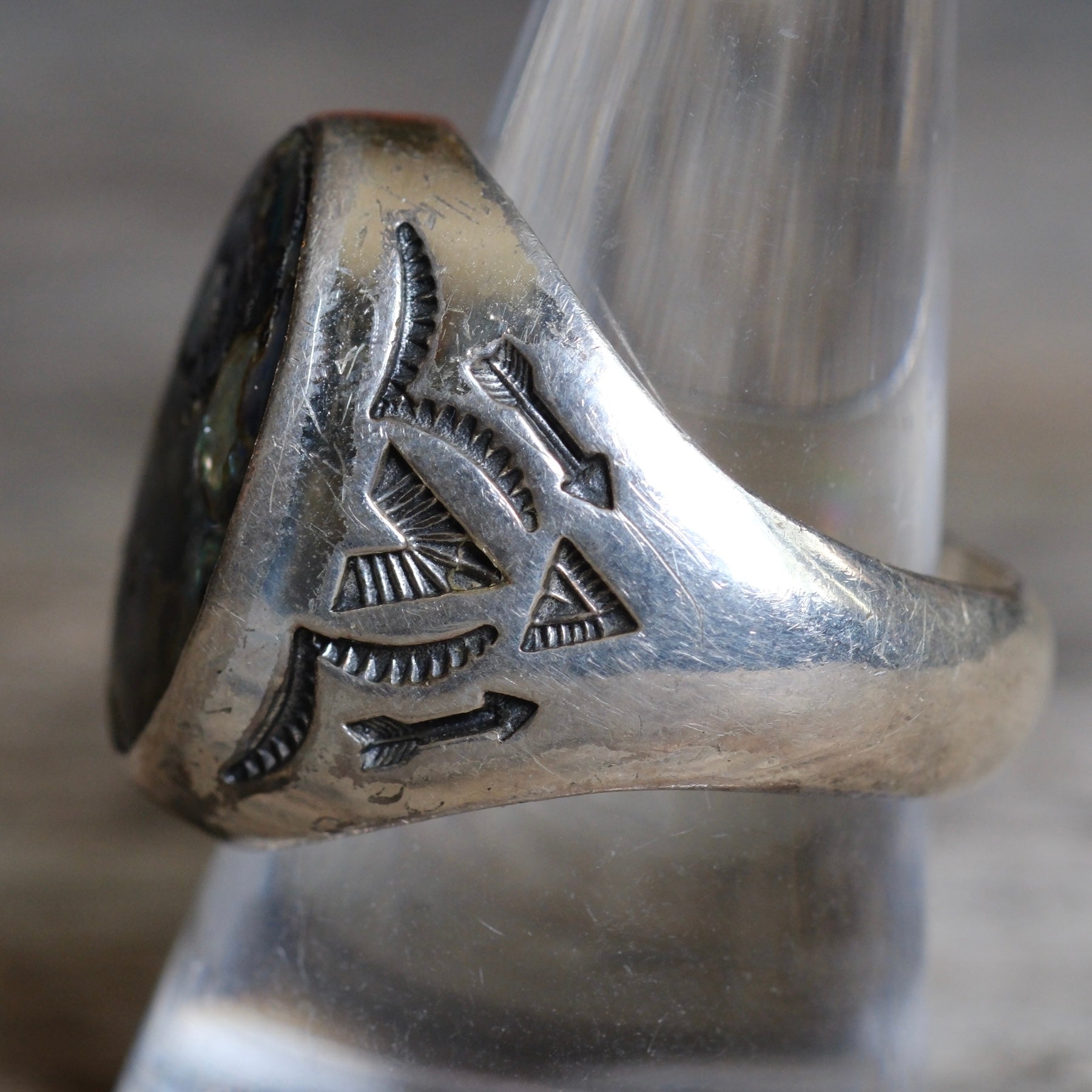 Vintage Sterling Abalone Stamped V Trading Post Ring 10