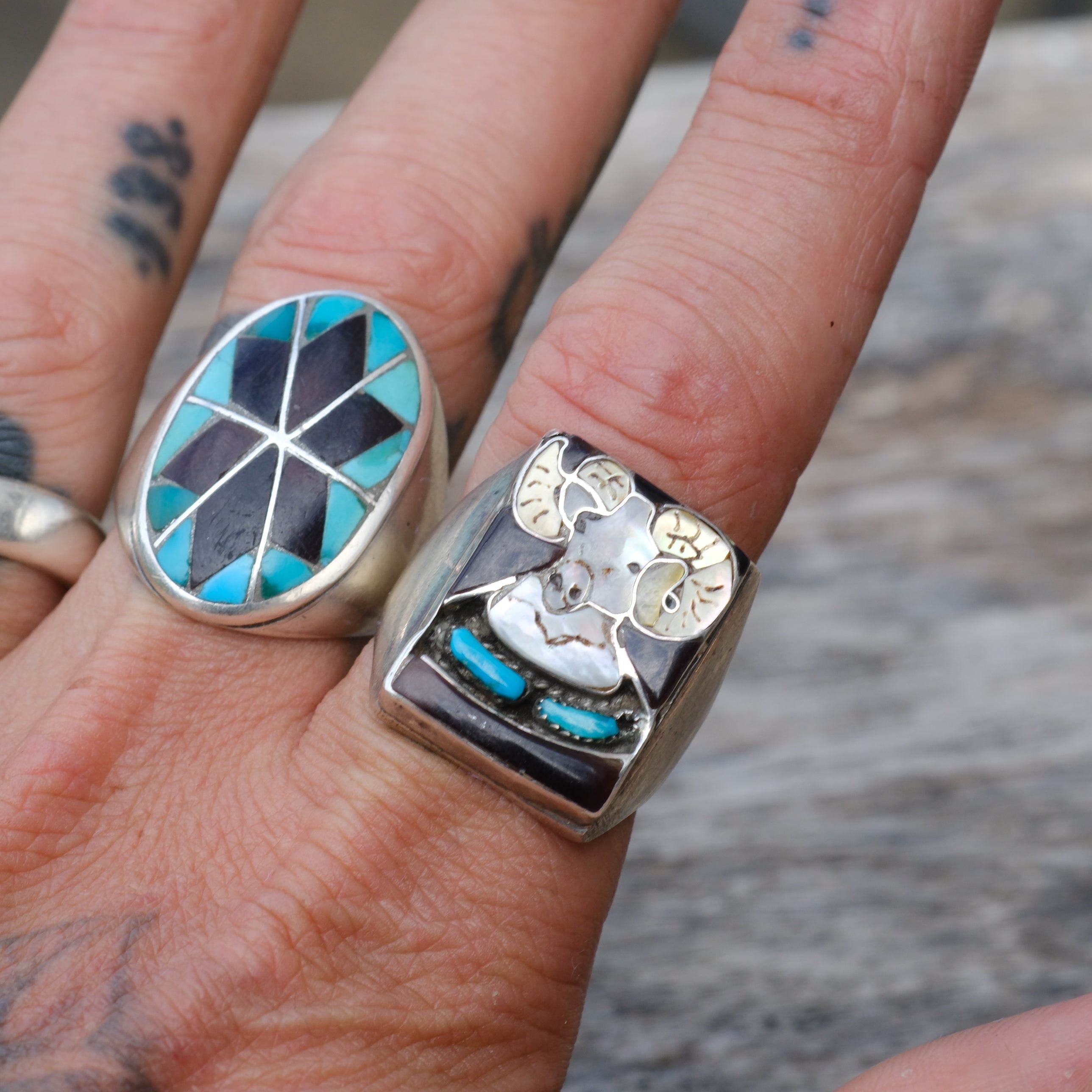 RARE 1960's Vintage Sterling Ram Inlay Ring 10.75