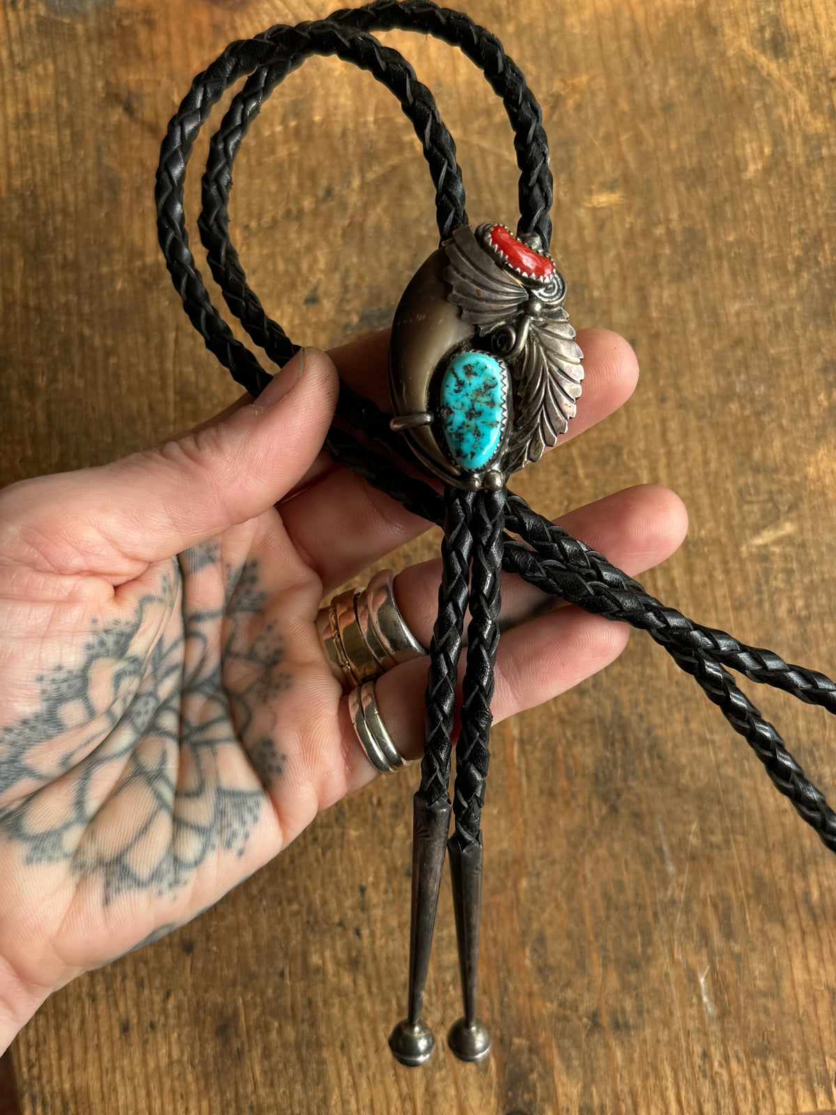 Vintage Sterling Silver Turquoise & Coral Bear Claw Bolo