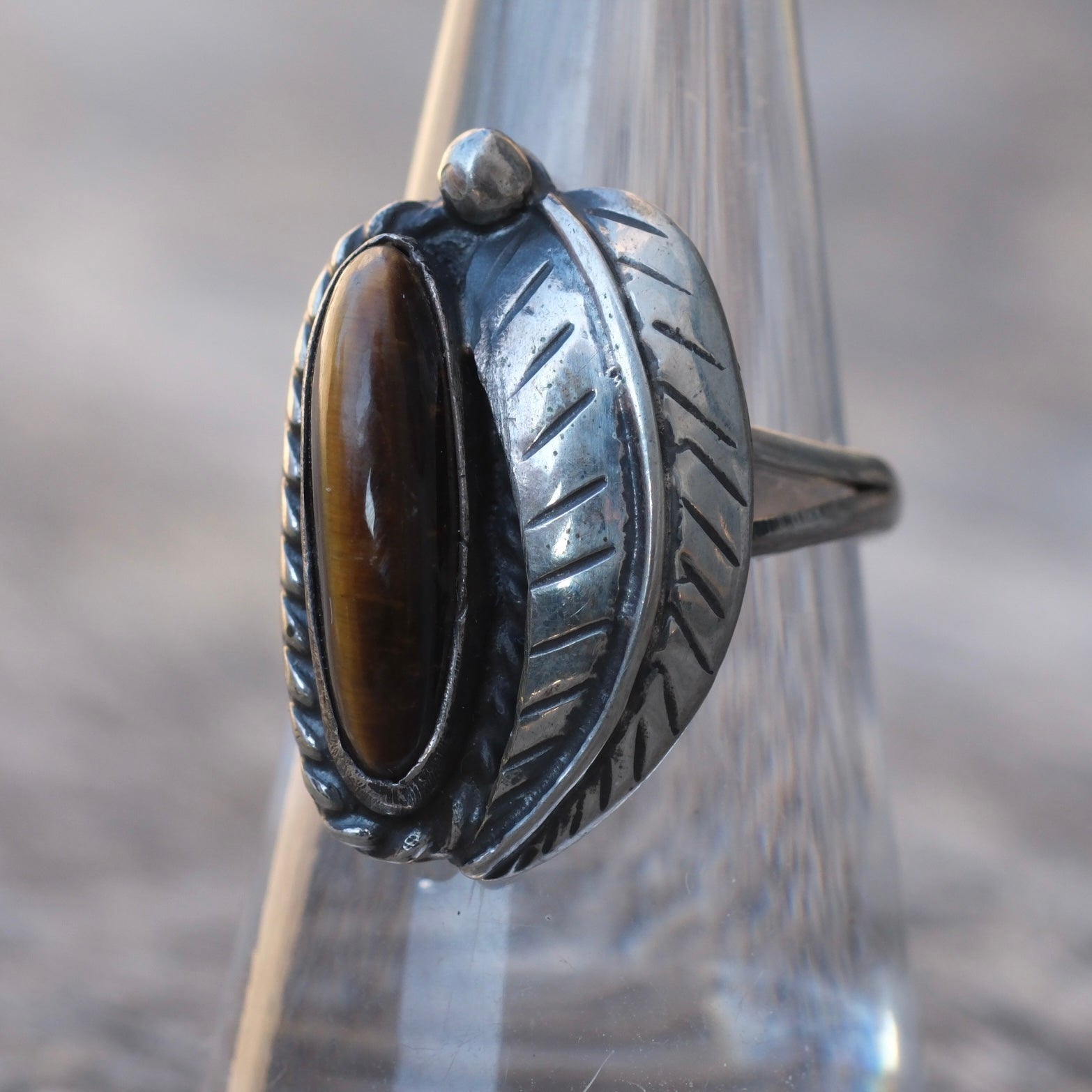 Vintage Sterling Tigers Eye Feather Ring 6.5