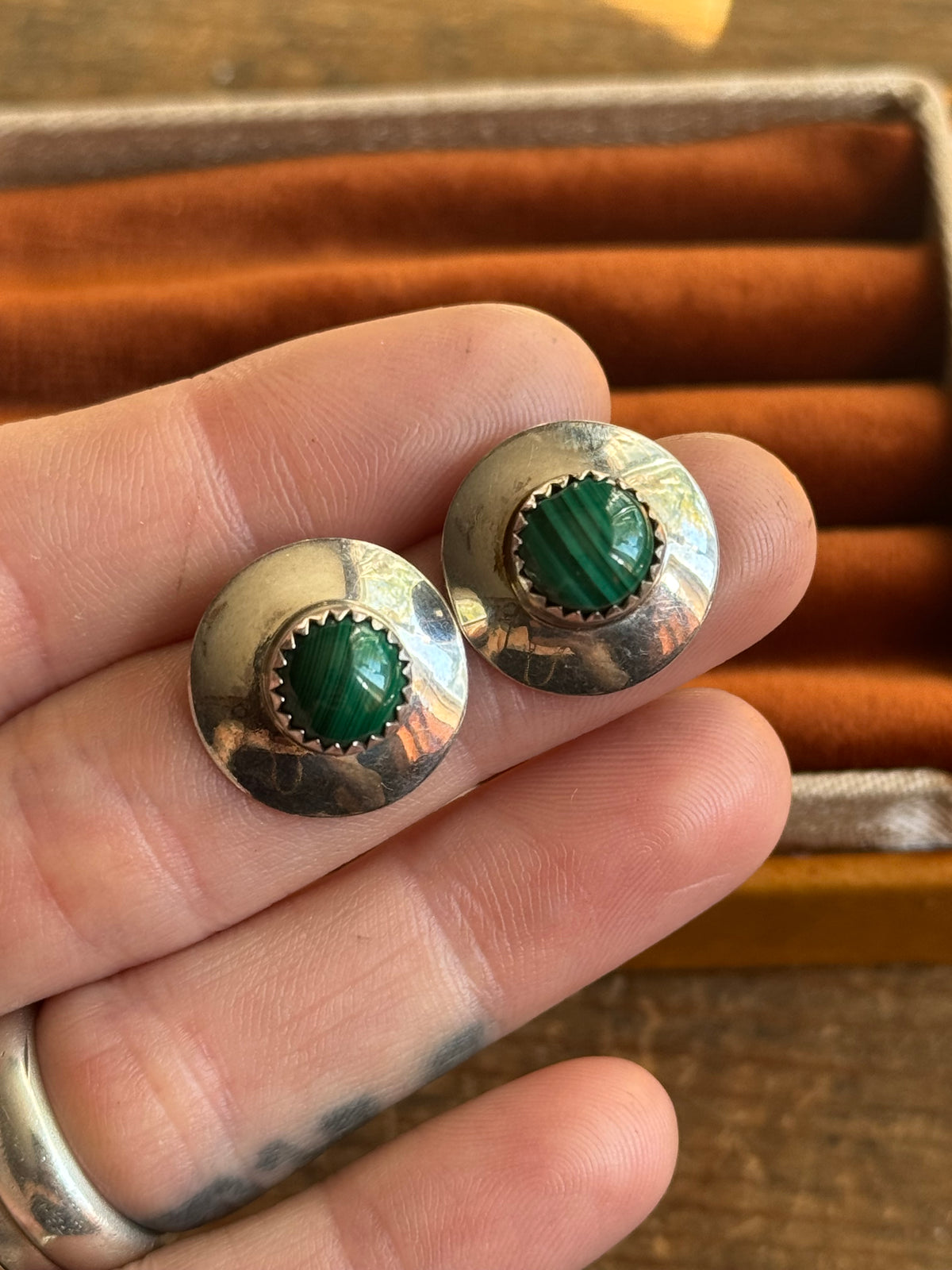 Vintage Sterling Silver Malachite Concho Earrings