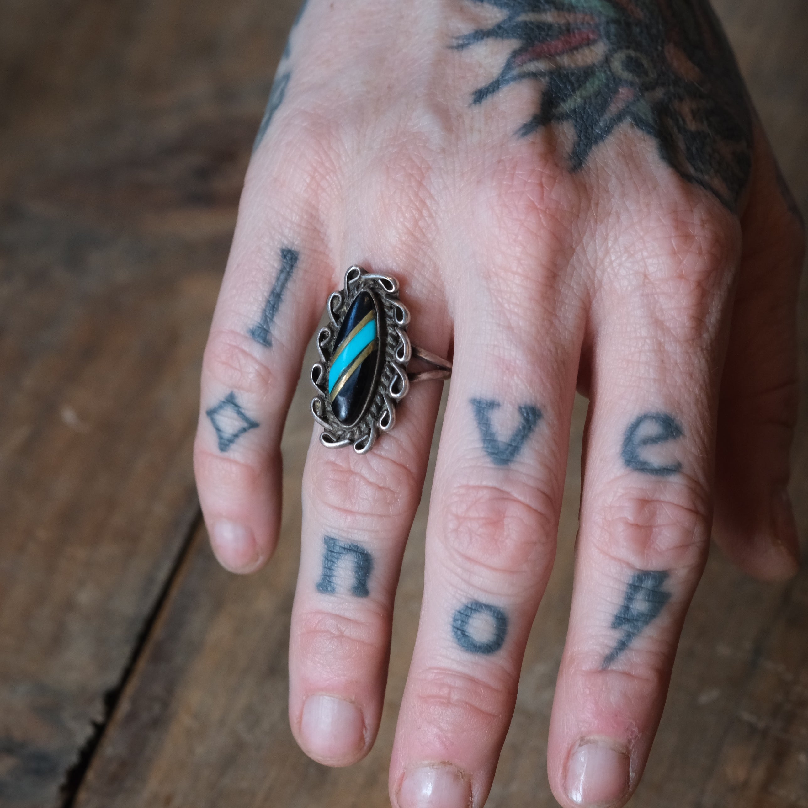 Vintage Sterling Turquoise and Onyx Florette Ring 6