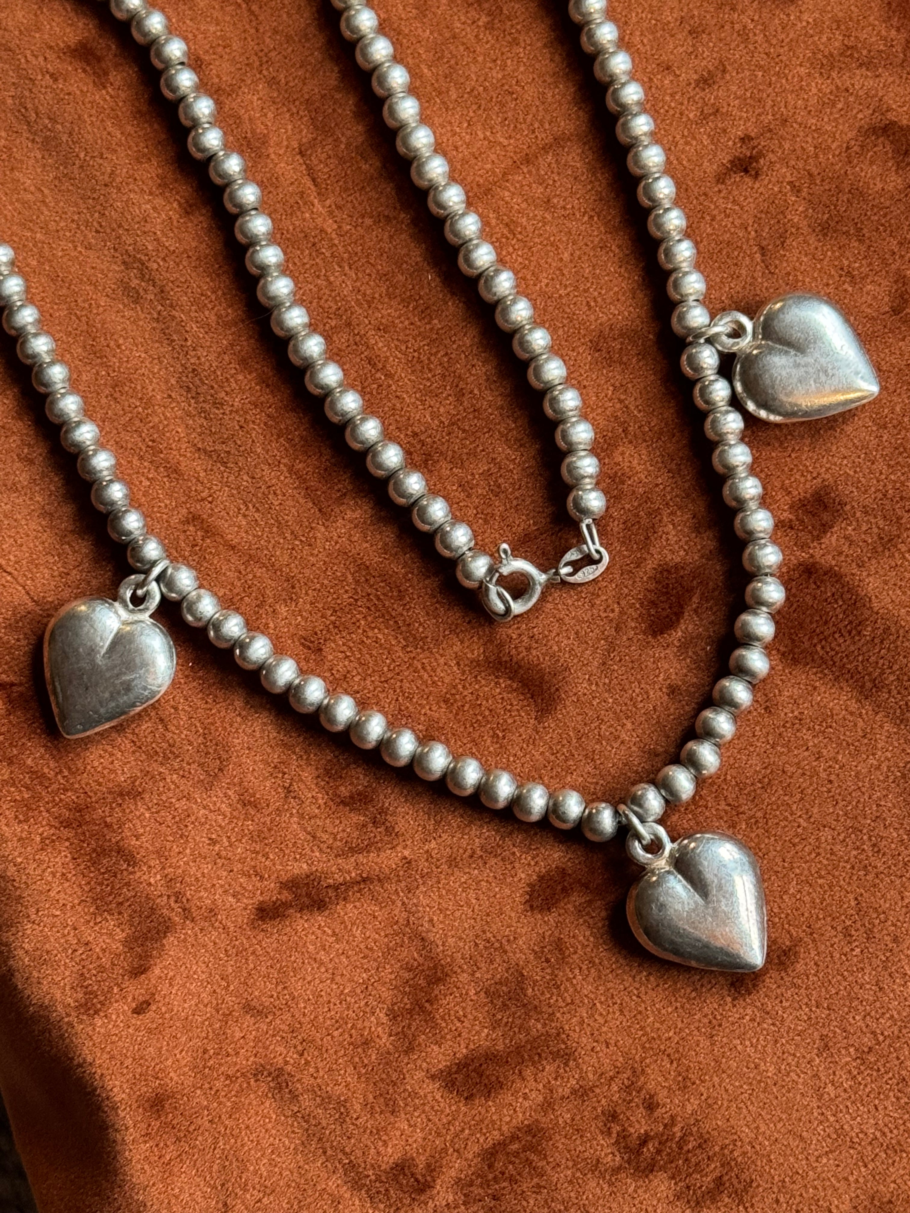 Vintage Sterling Silver 18” Beaded Heart Chain