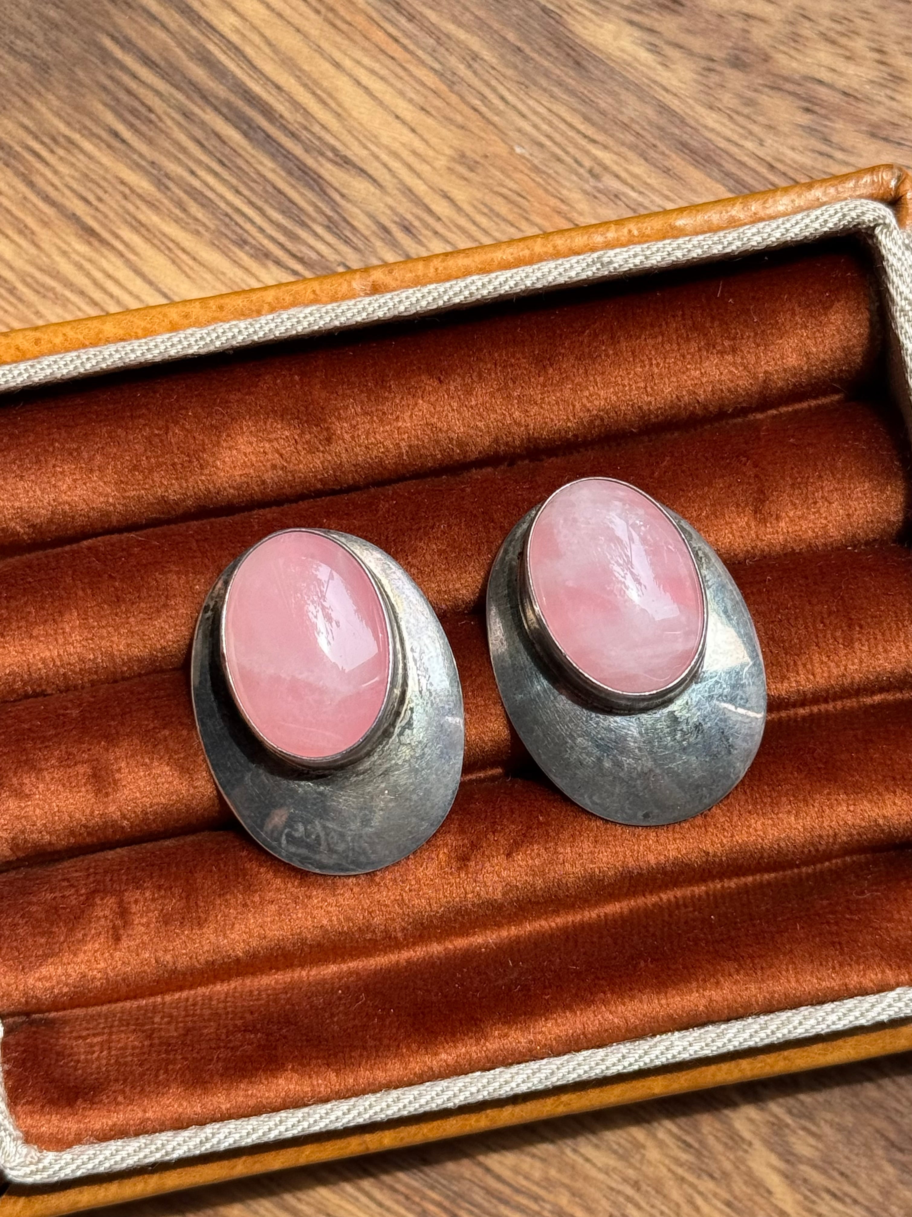 Vintage Sterling Silver Modernist Rose Quartz Earrings