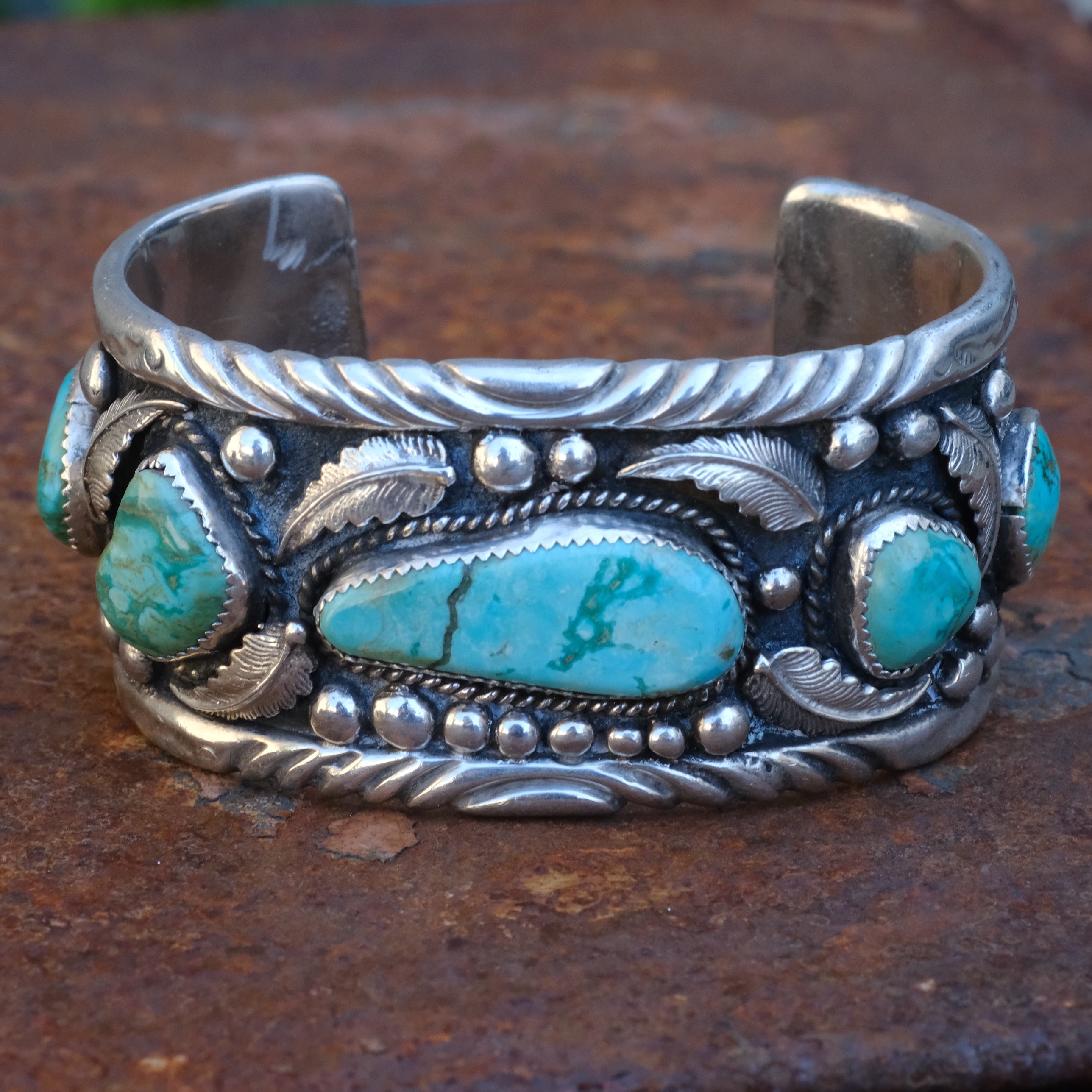 Huge Vintage Sterling 5-Stone Turquoise Feather Cuff Bracelet
