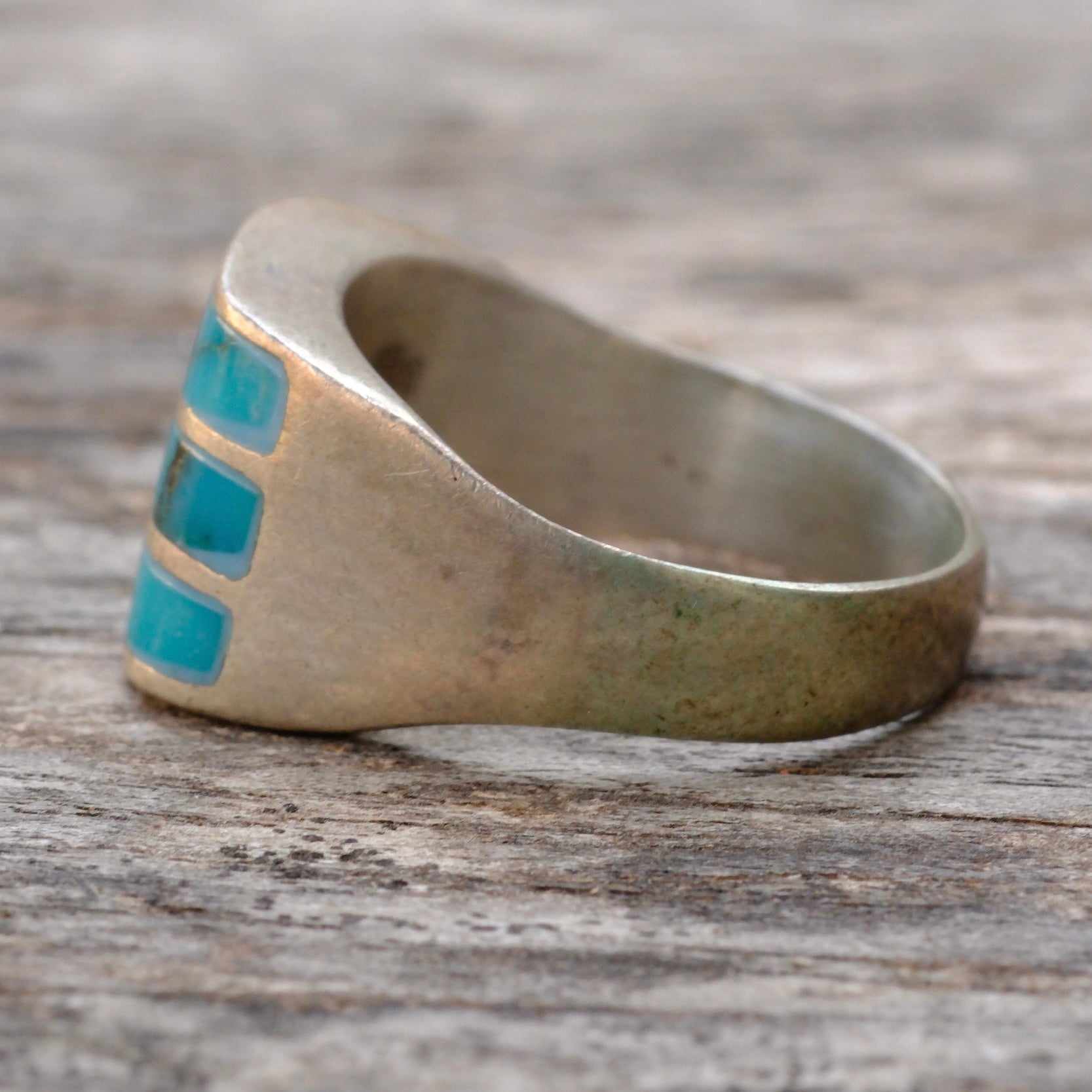 Vintage Sterling Turquoise Inlay Striper Ring 8.5