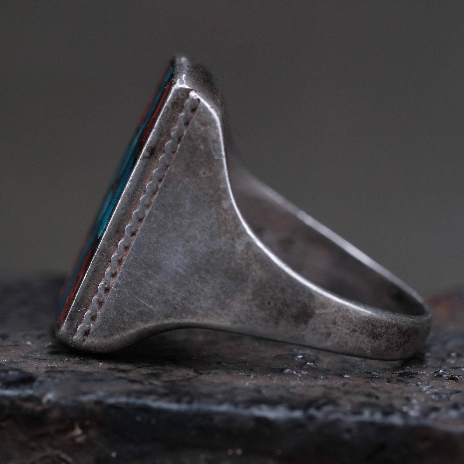Vintage Sterling turquoise and Coral Inlay Ring 9.75