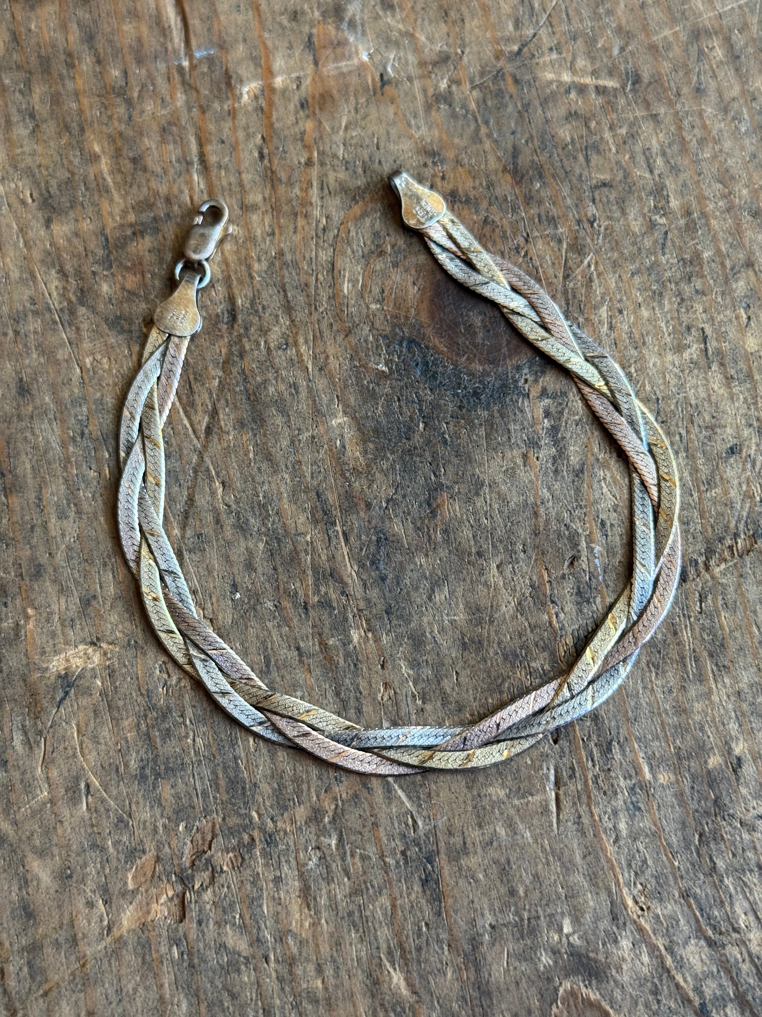 Vintage Sterling Silver Mixed-Tone Braided Herringbone Chain Bracelet 7.5"