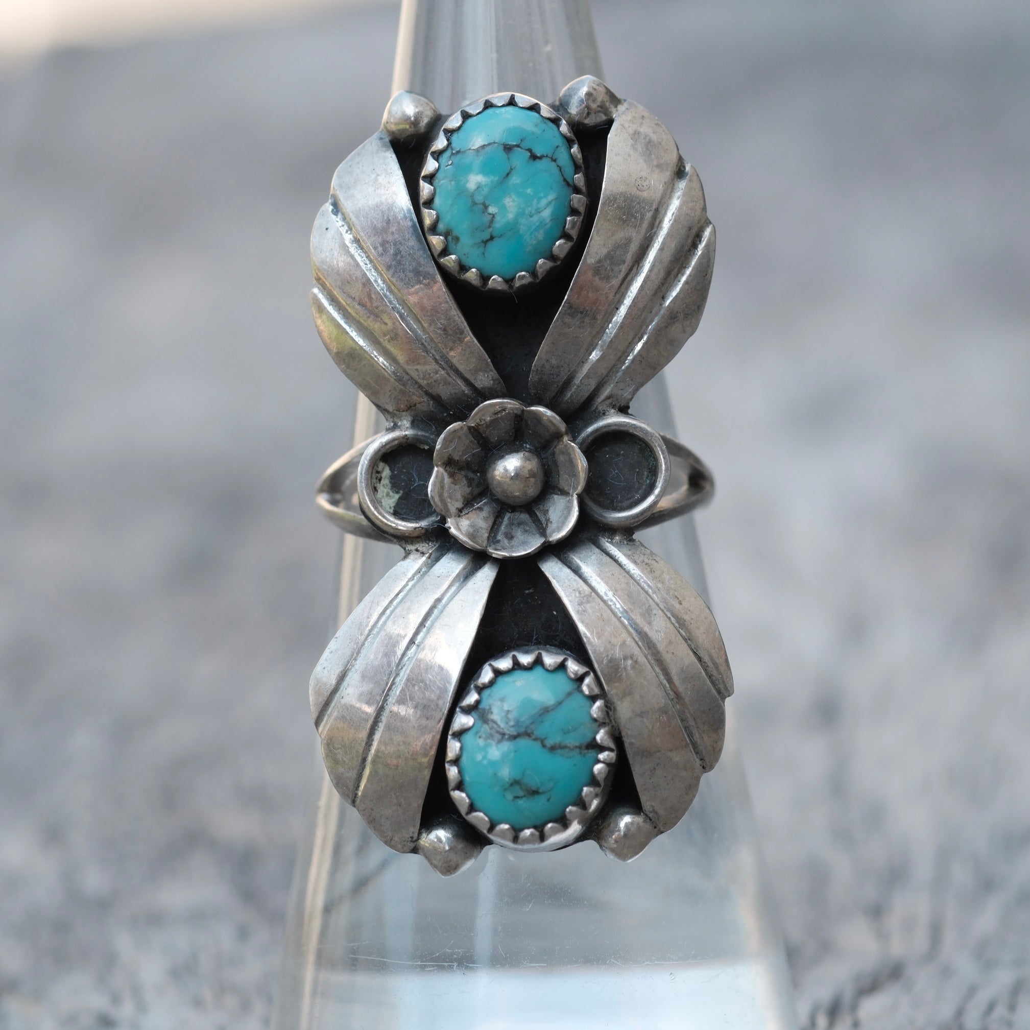 Vintage Sterling 2-Stone Turquoise Blossom Ring 6