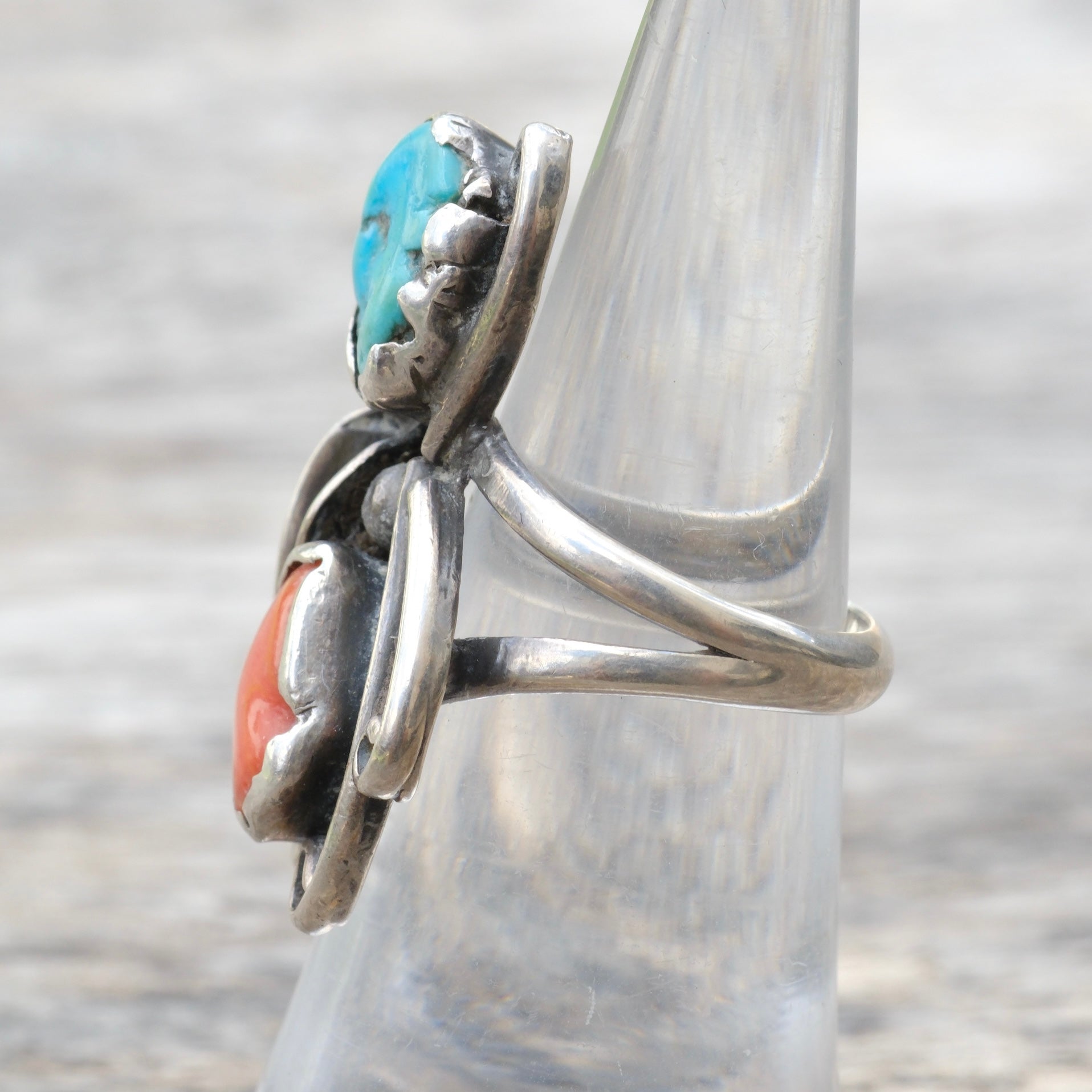 Vintage Sterling Turquoise and Coral Feather Ring 5.75
