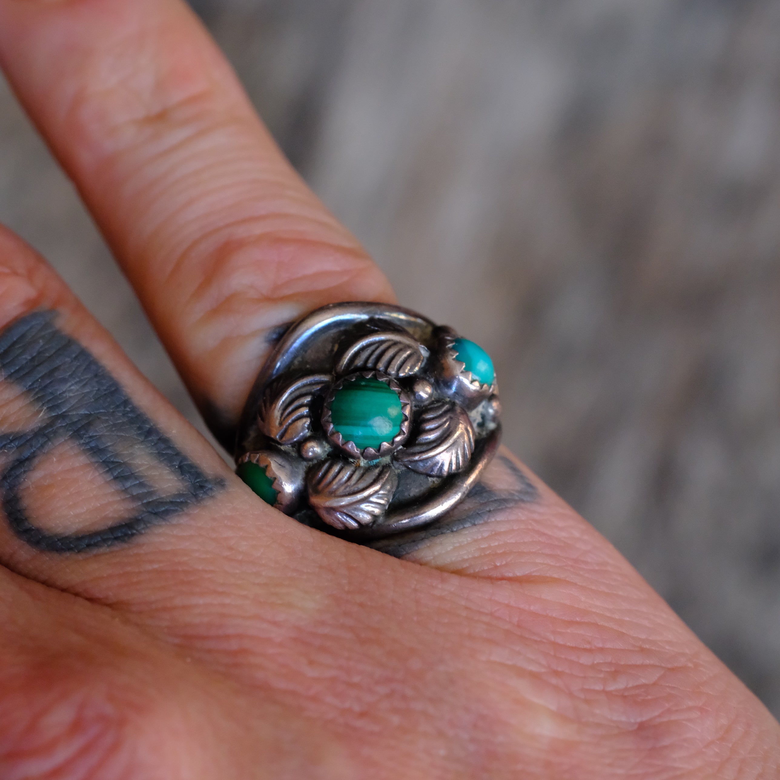 Vintage Sterling Malachite Feather Ring 5.75