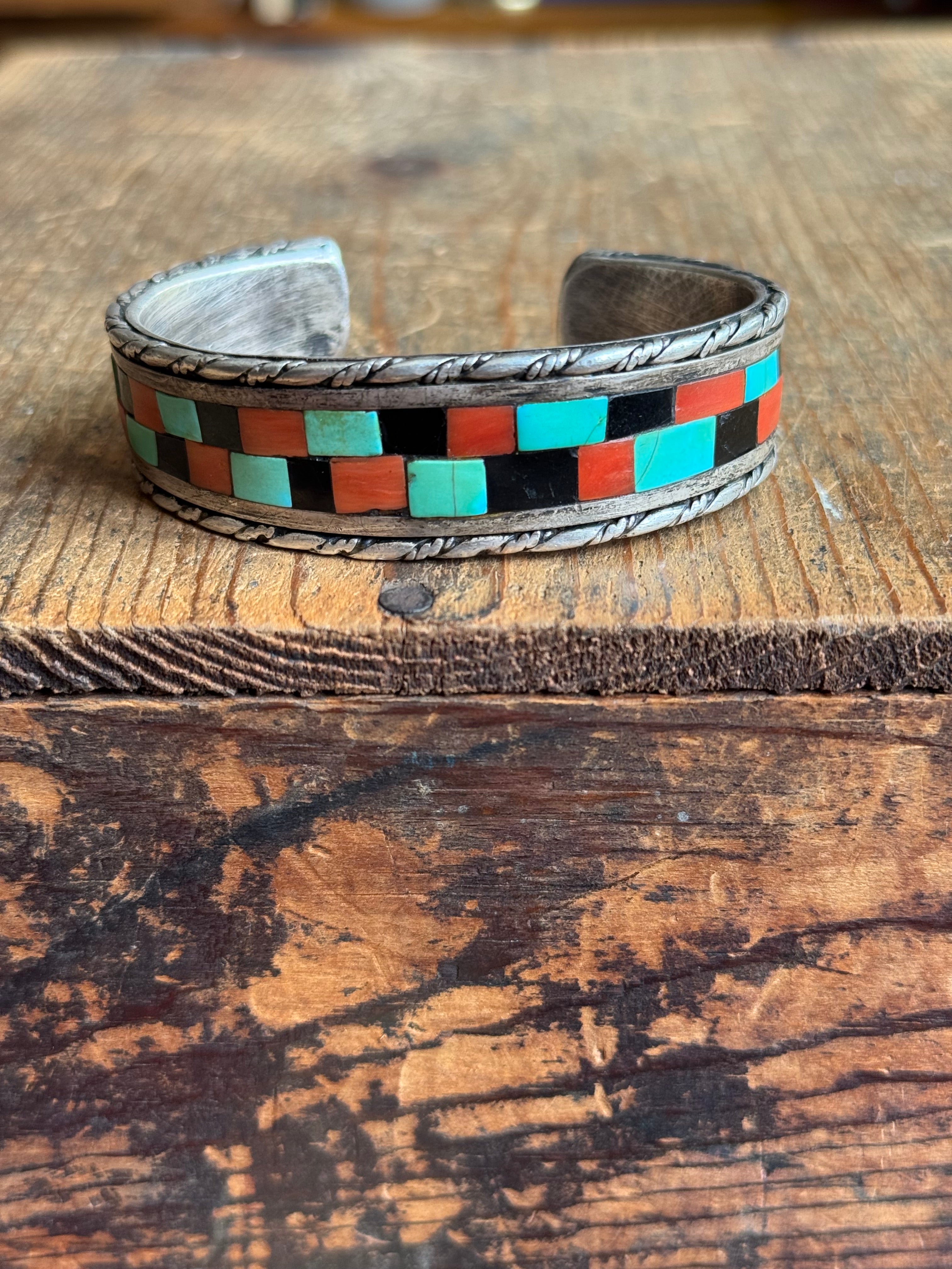 Vintage Sterling Silver Coral Onyx & Turquoise Inlay Cuff