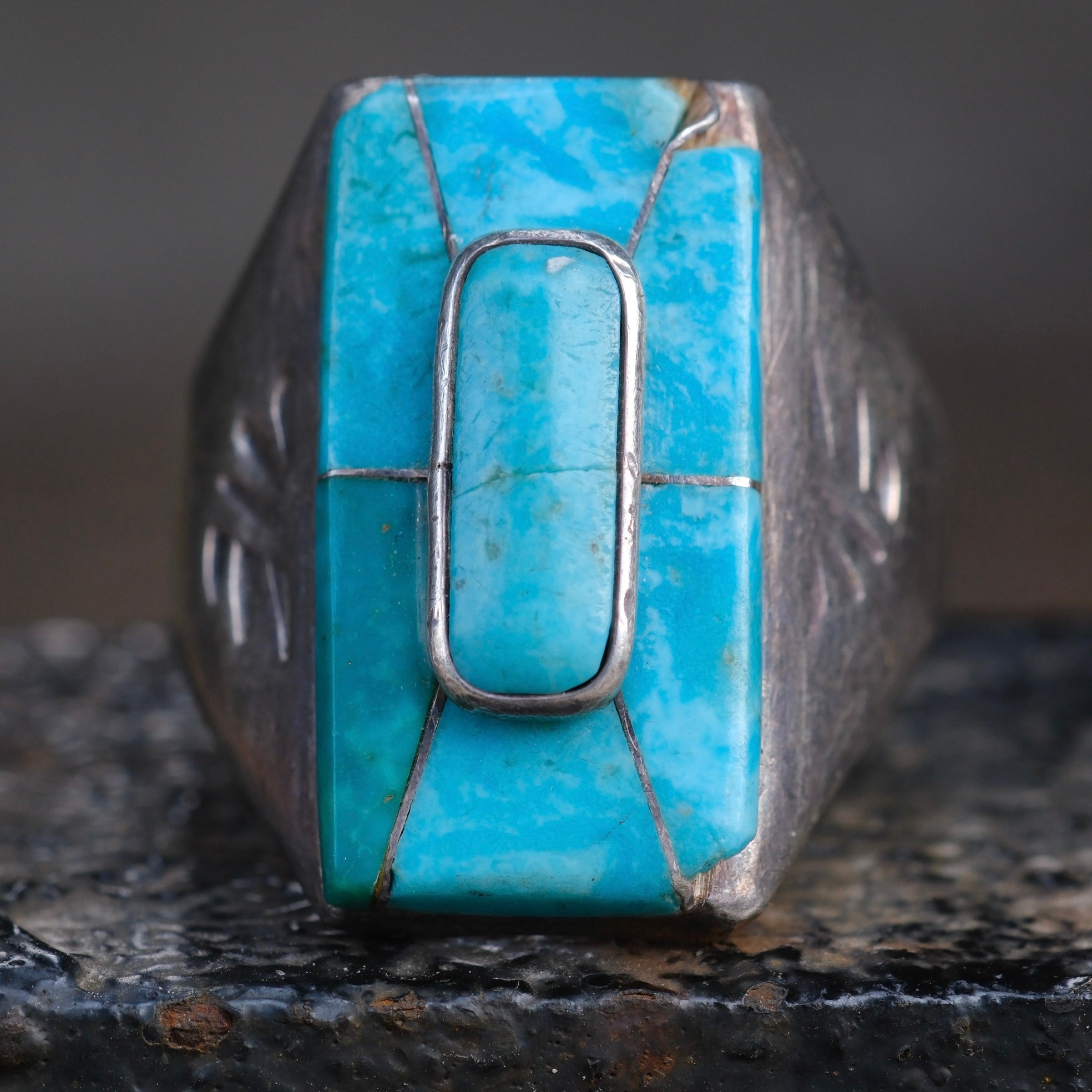 Vintage Sterling Turquoise Inlay Stamped Band Ring 14.25