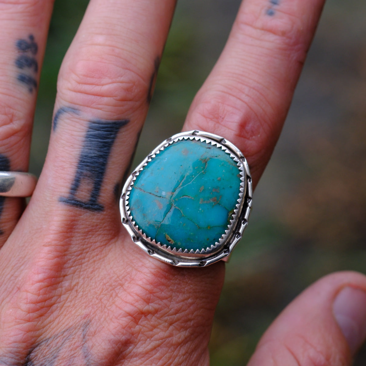 Vintage Sterling Turquoise Stamped Band Ring 11.5