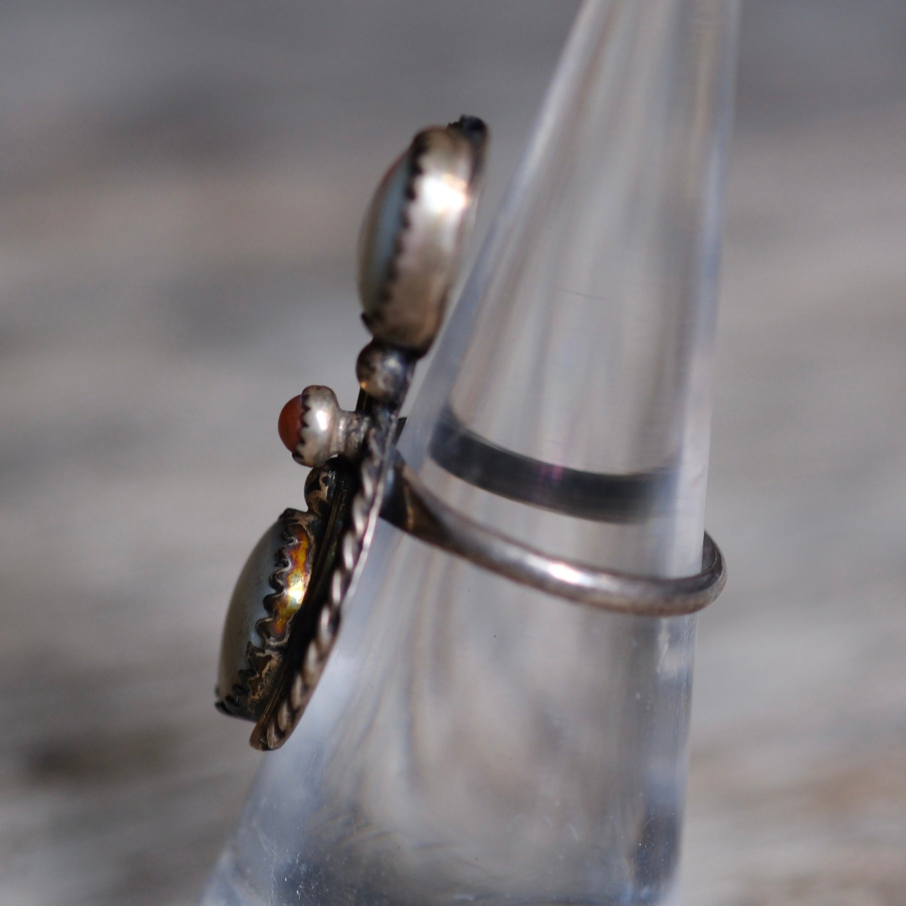 Vintage Sterling Mother Of Pearl and Coral Ring 5.25