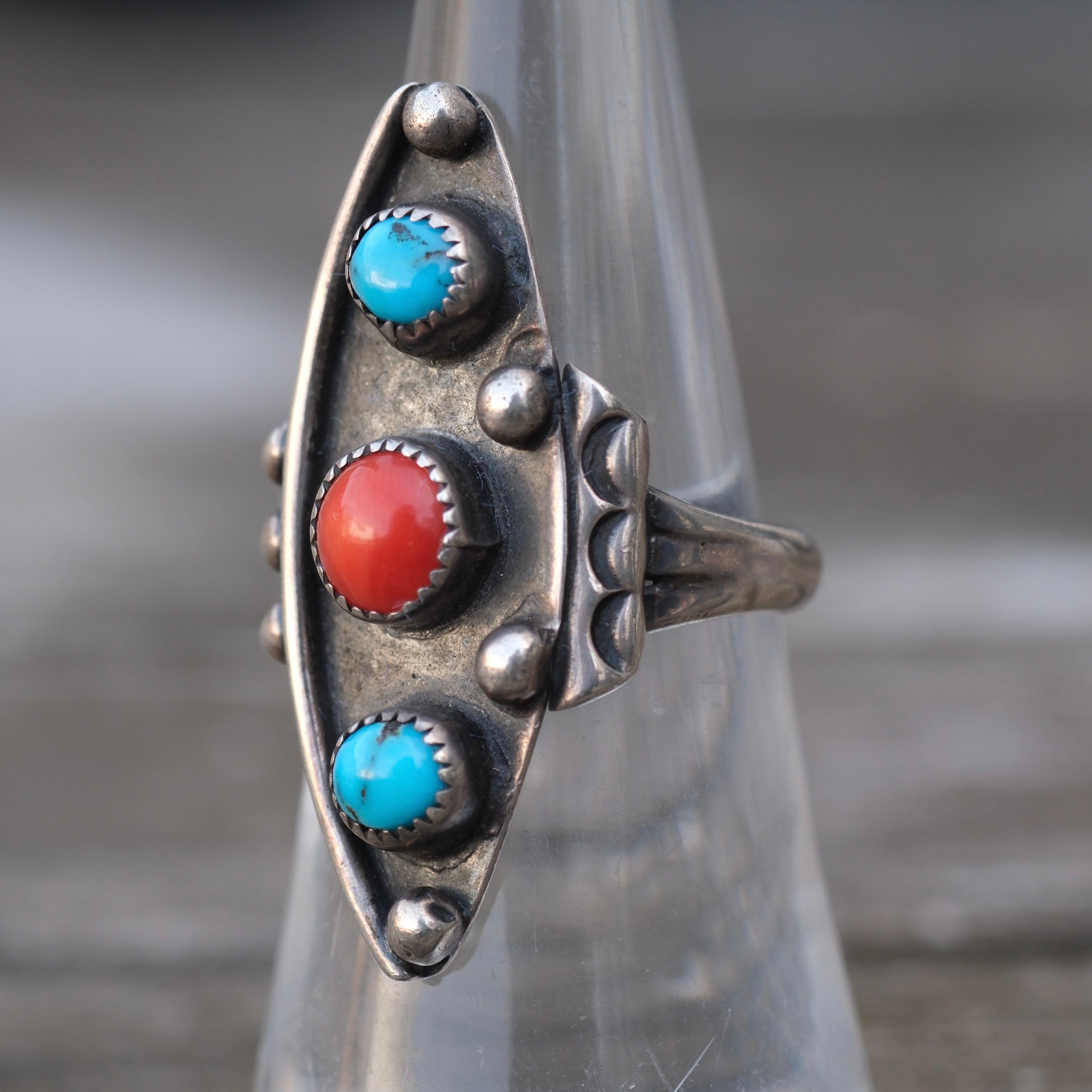 Vintage Sterling Turquoise and Coral Ring 6.5