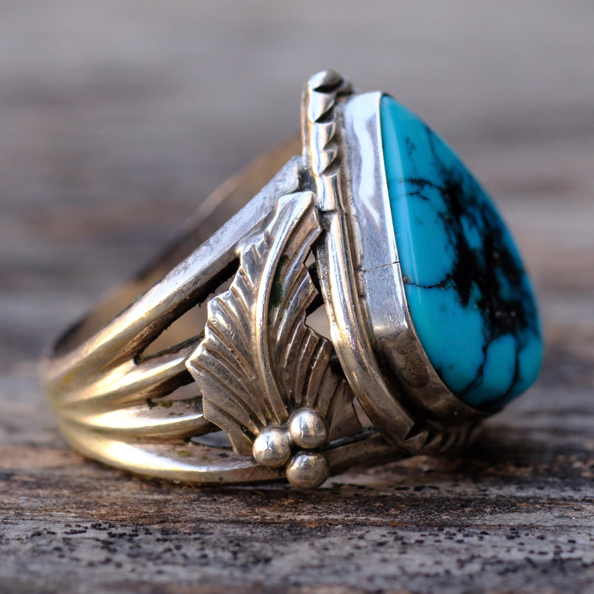 Vintage Sterling Chunky Turquoise Feather Ring 10.75