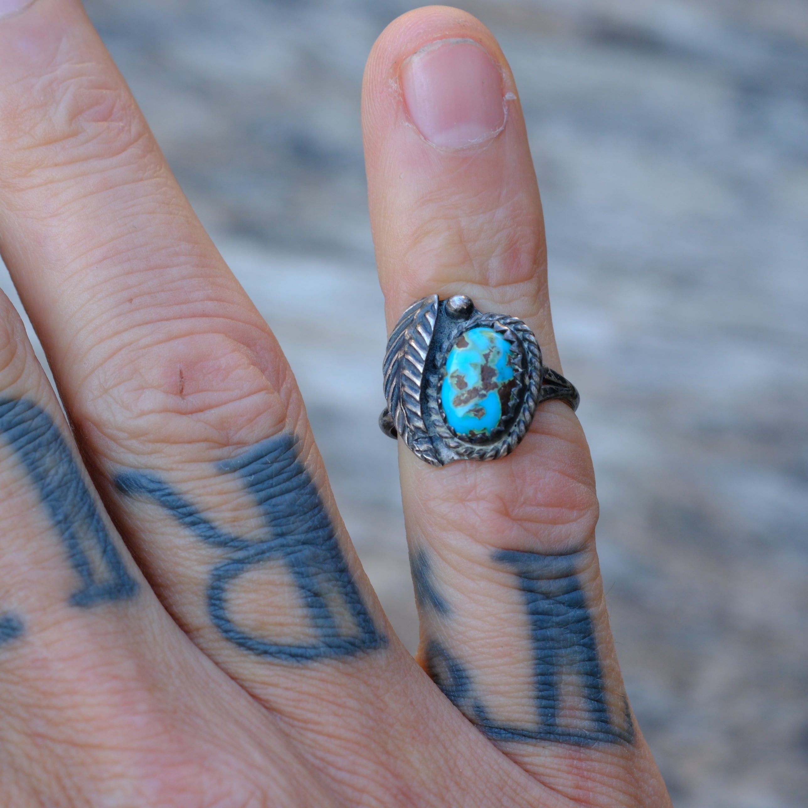 Vintage Sterling Turquoise Feather Ring 4.75