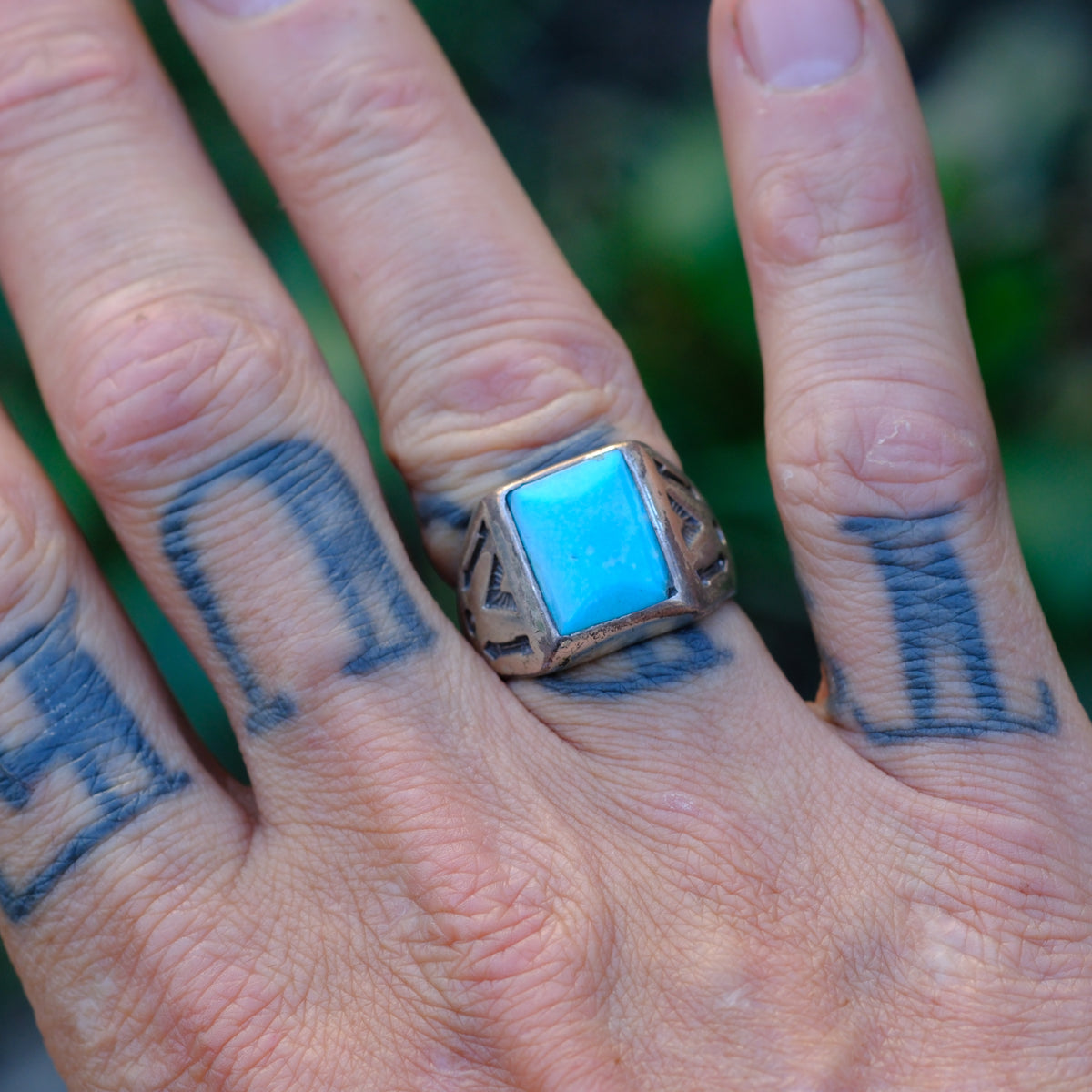 Vintage Sterling Turquoise Stamped Arrows Trading Post Ring Ring 8.75