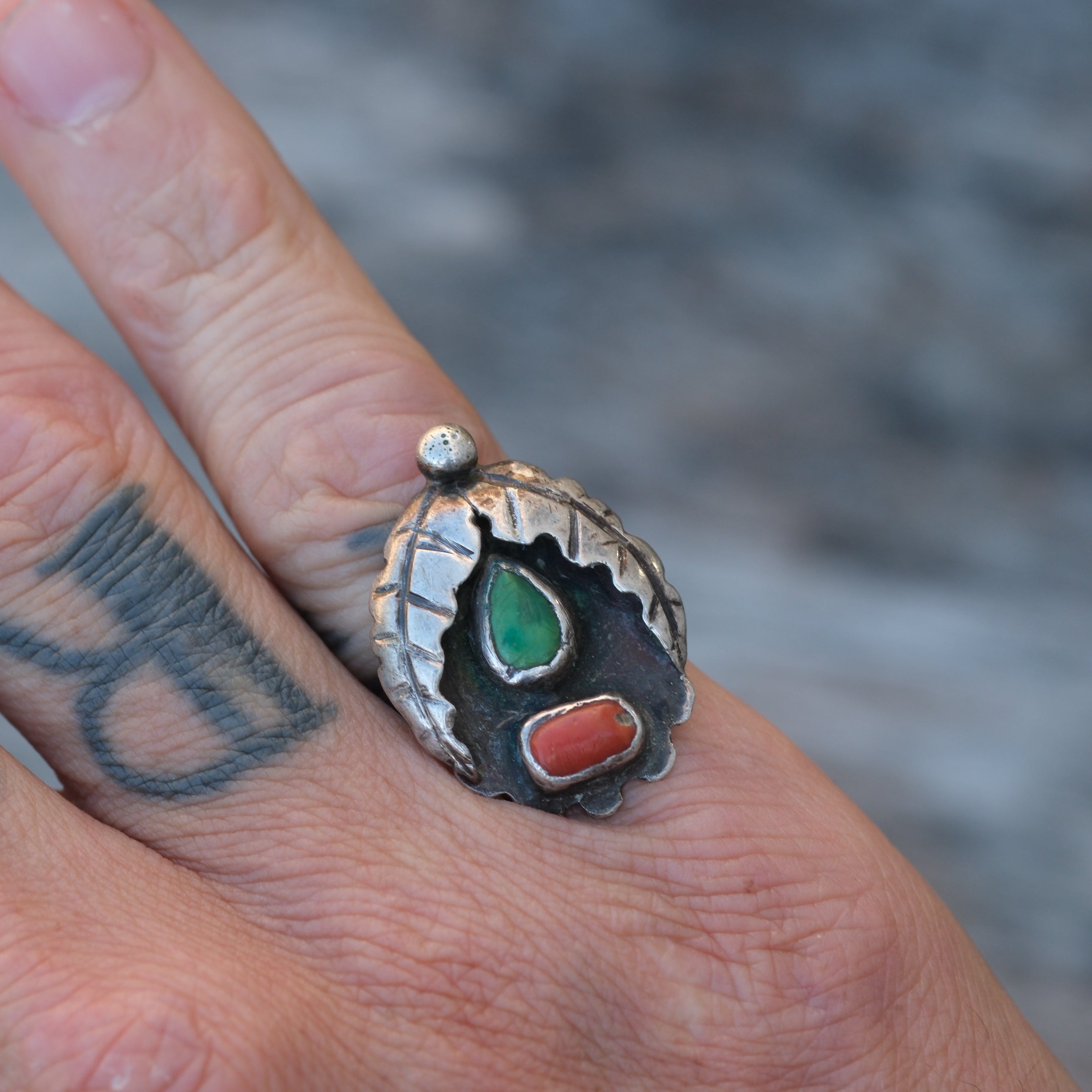 Vintage Sterling Turquoise and Coral Feather Ring 6.5