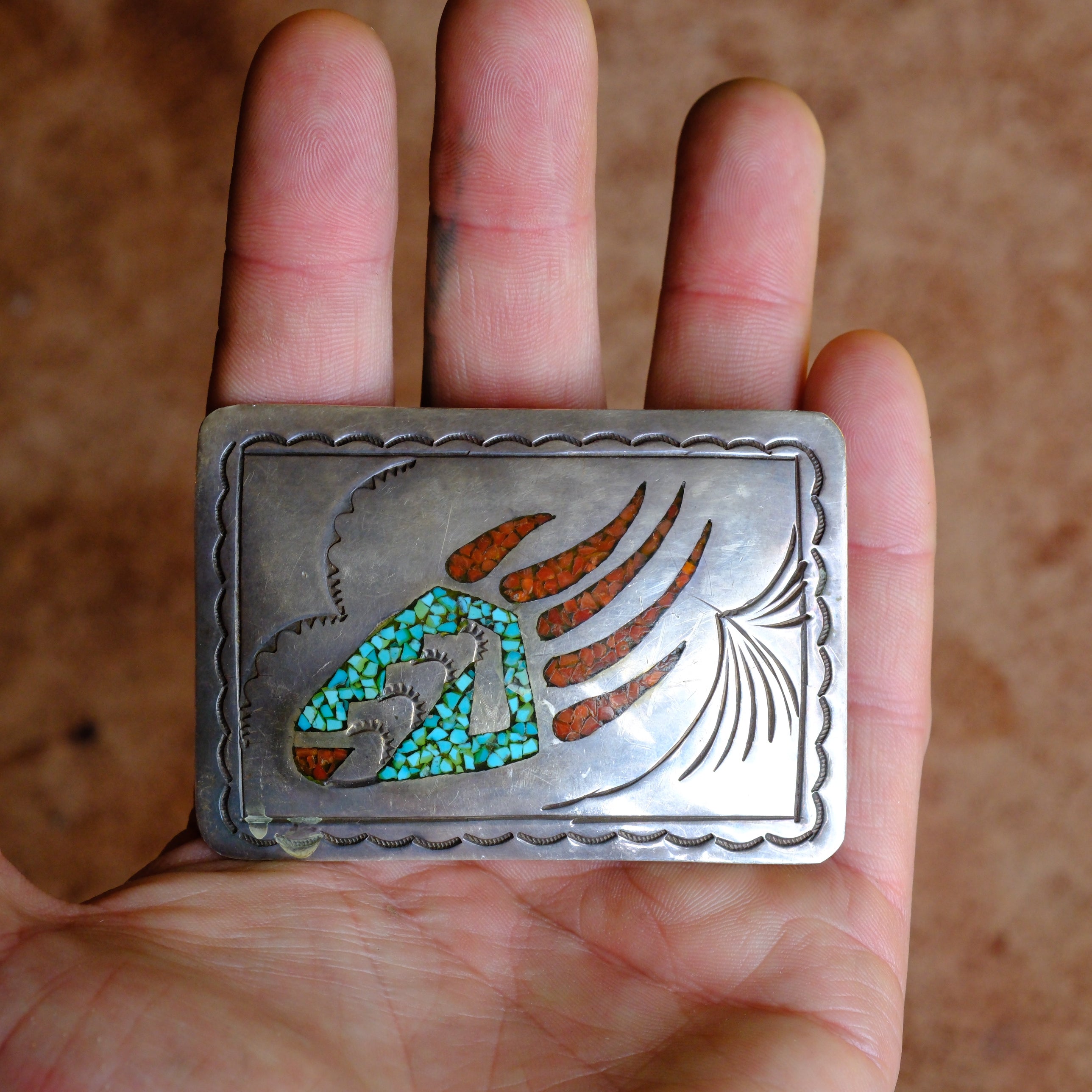 Vintage Sterling Turquoise and Coral Inlay Claw Belt Buckle