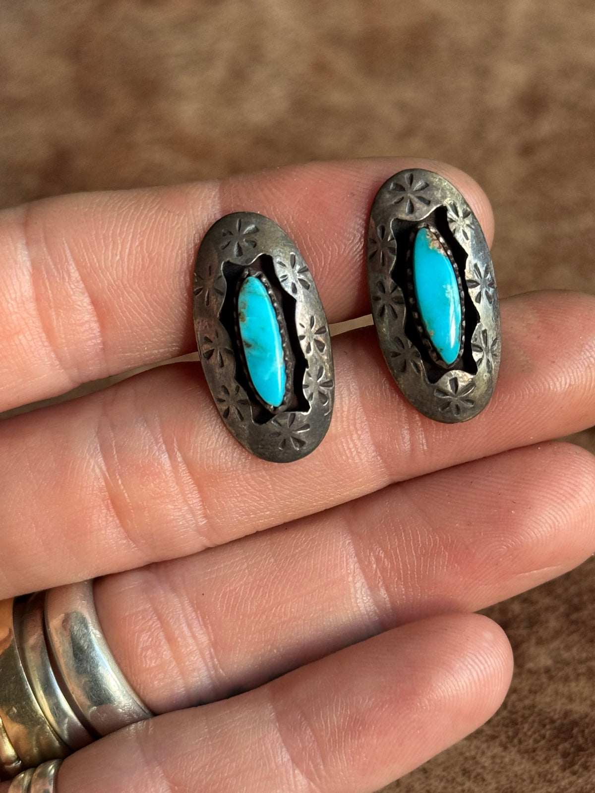 Vintage Sterling Silver Stamped Turquoise Shadowbox Cufflinks