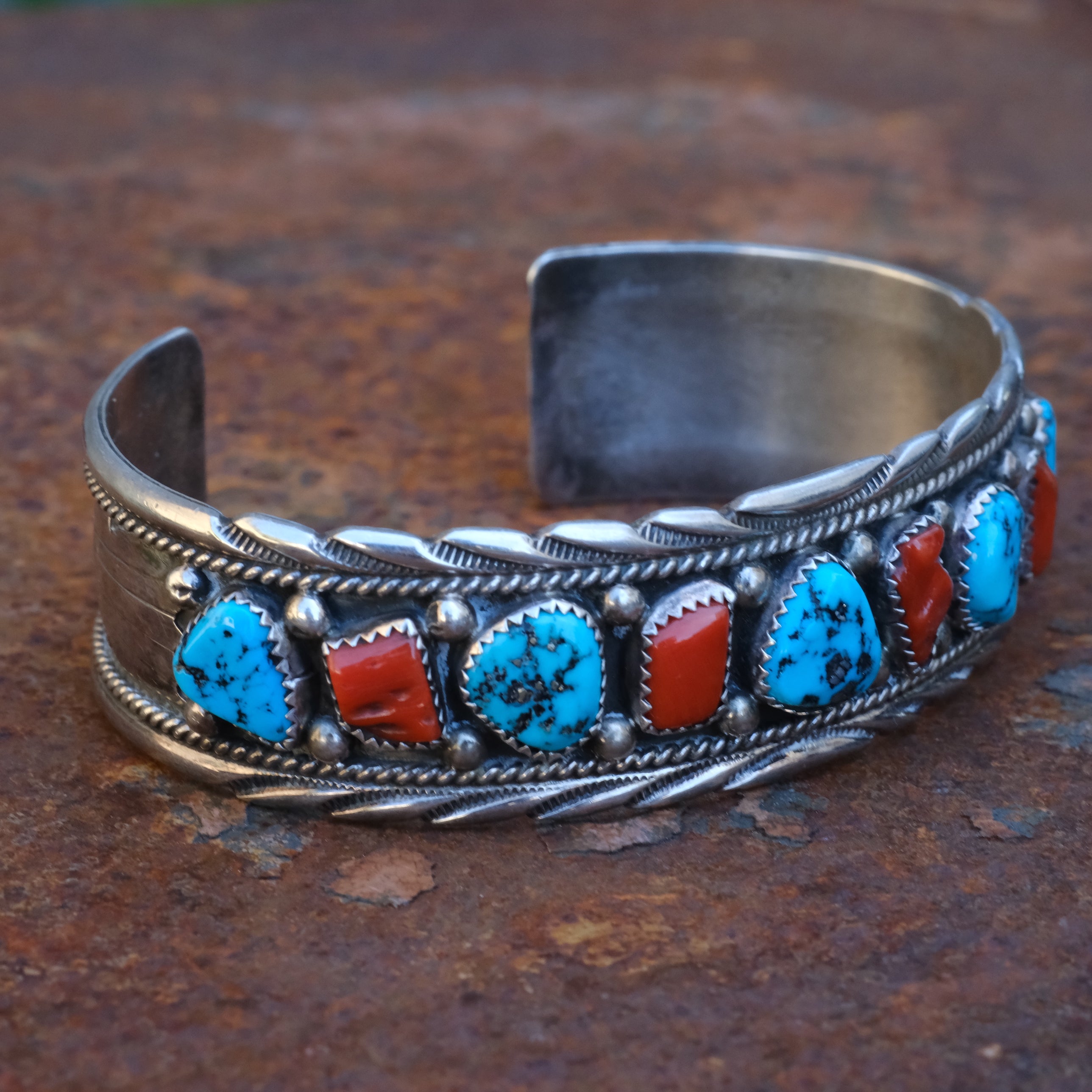 Large Vintage Sterling Turquoise and Coral Cuff Bracelet