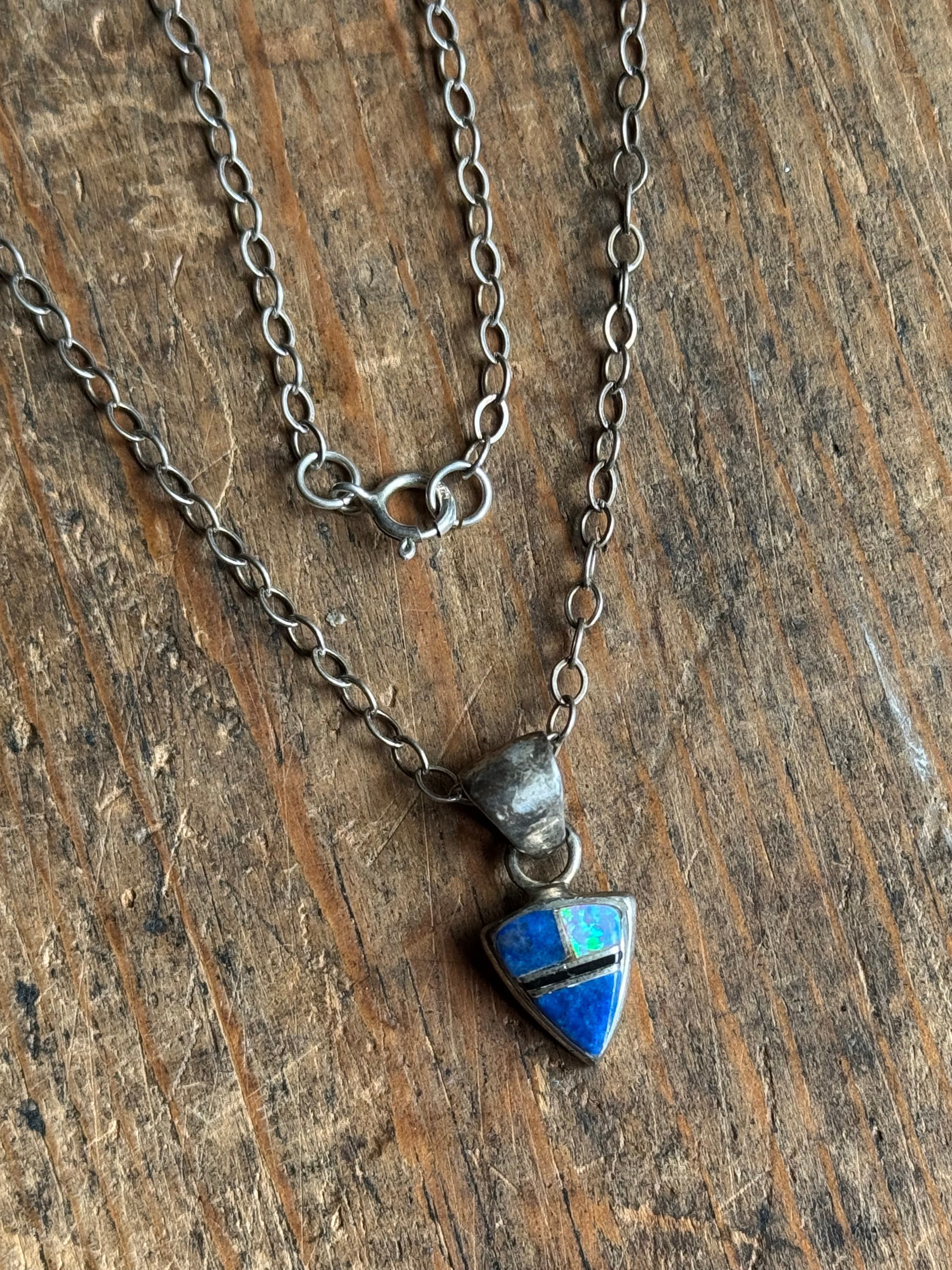 Vintage Sterling Silver Multistone Inlay Shield 18" Necklace