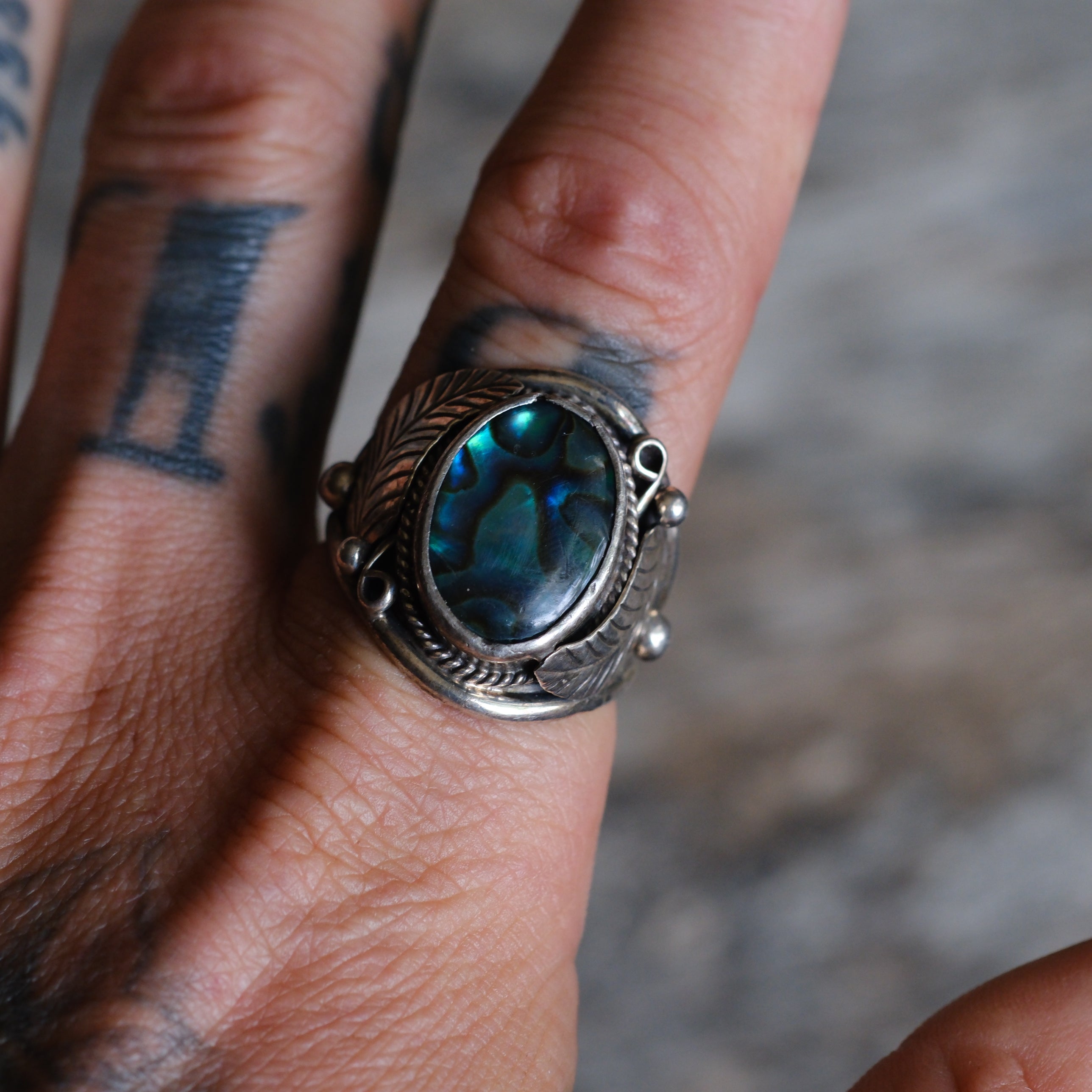 Vintage Sterling Blue Abalone Feather Ring 11.5