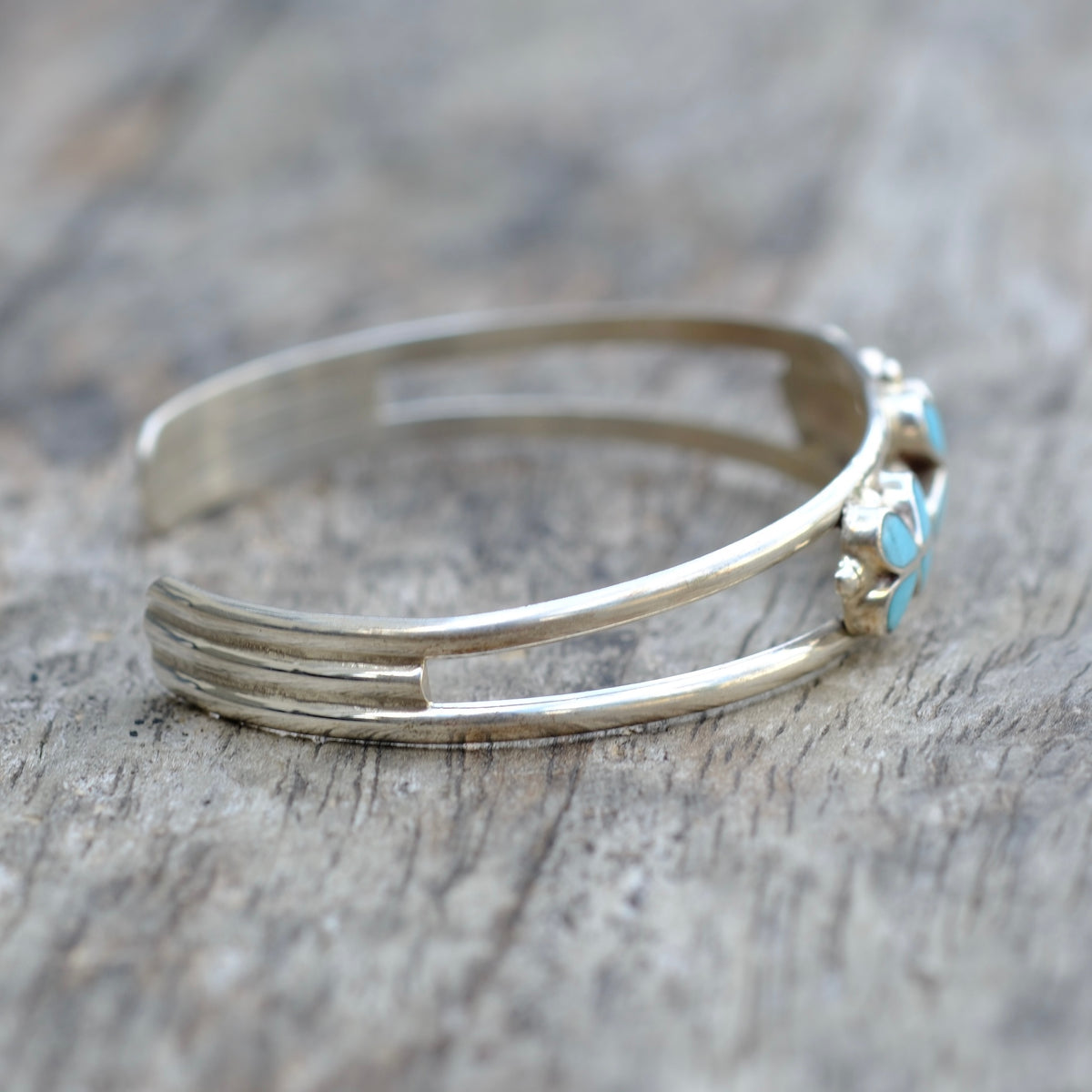 Vintage Sterling Turquoise Inlay Flower Cuff Bracelet