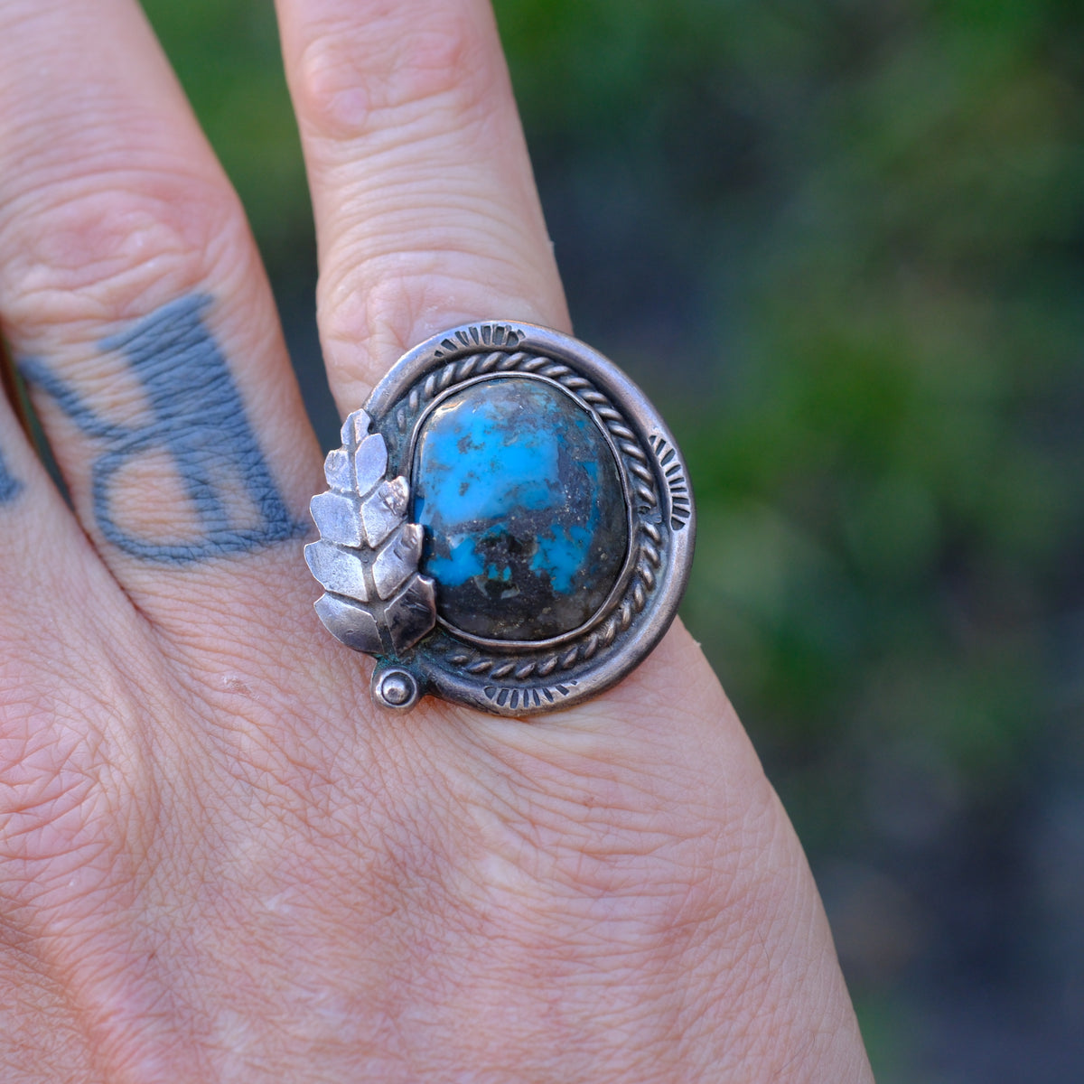 Vintage Sterling Bisbee Turquoise Roper Feather Ring 6