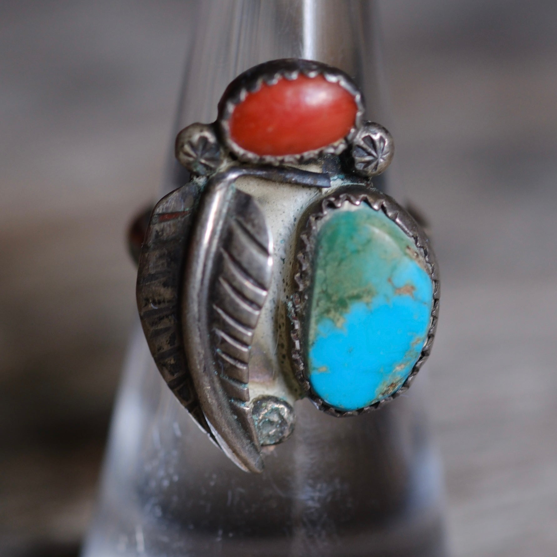 Vintage Sterling Turquoise and Coral Feather Ring 6.5